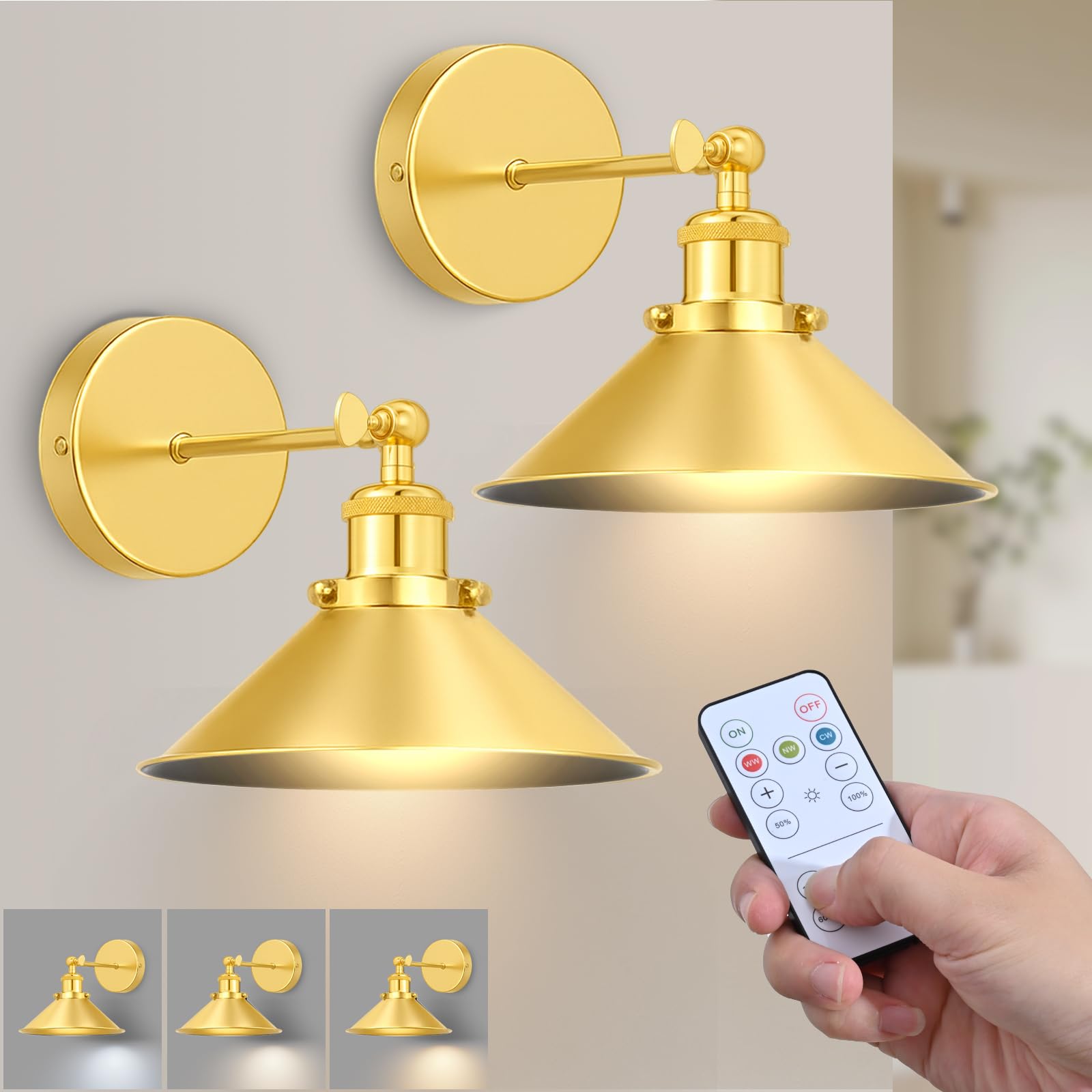 ZornLots Gold Battery Operated Wall Sconce Set of 2,Vintage Wireless Wall Sconces with Remote,Dimmable Led Wall Lights,Wall Lamp