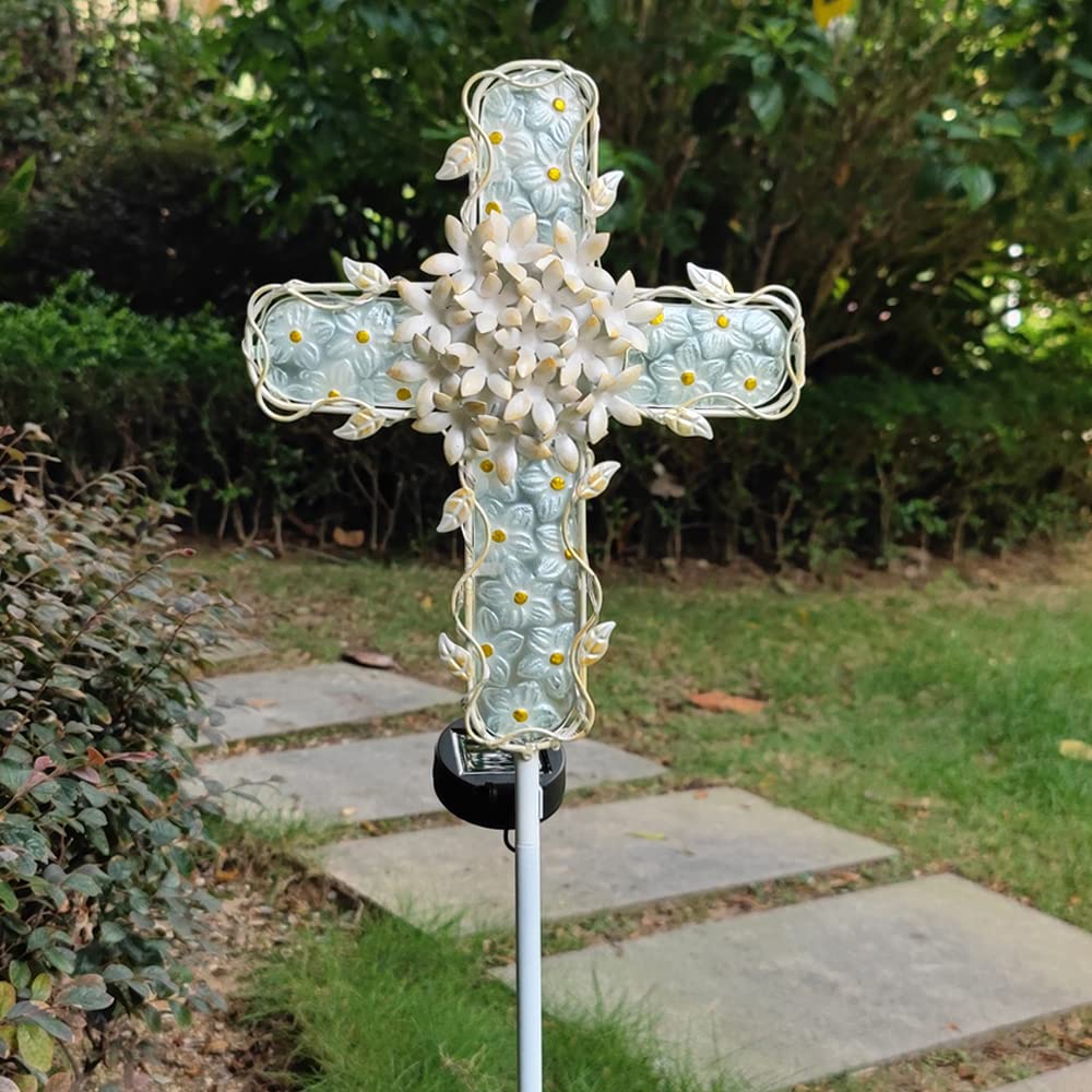 Coozzyhour 38Inch Solar Cross Garden Lights Outdoor Decorative - Solar Metal&Glass Cross White Hydrangea Flower Stake Lights- Wa
