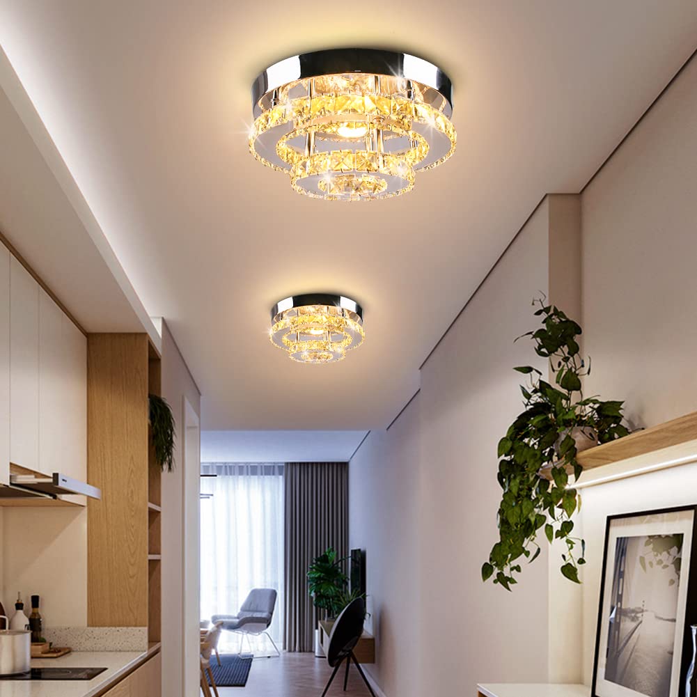 Cainjiazh Mini Chandelier Led Crystal Ceiling Light 2 Layers Round Flush Mount Ceiling Light Modern Chandelier Lighting For Hallway Staircase Kitchen Bathroom (Multicolor)