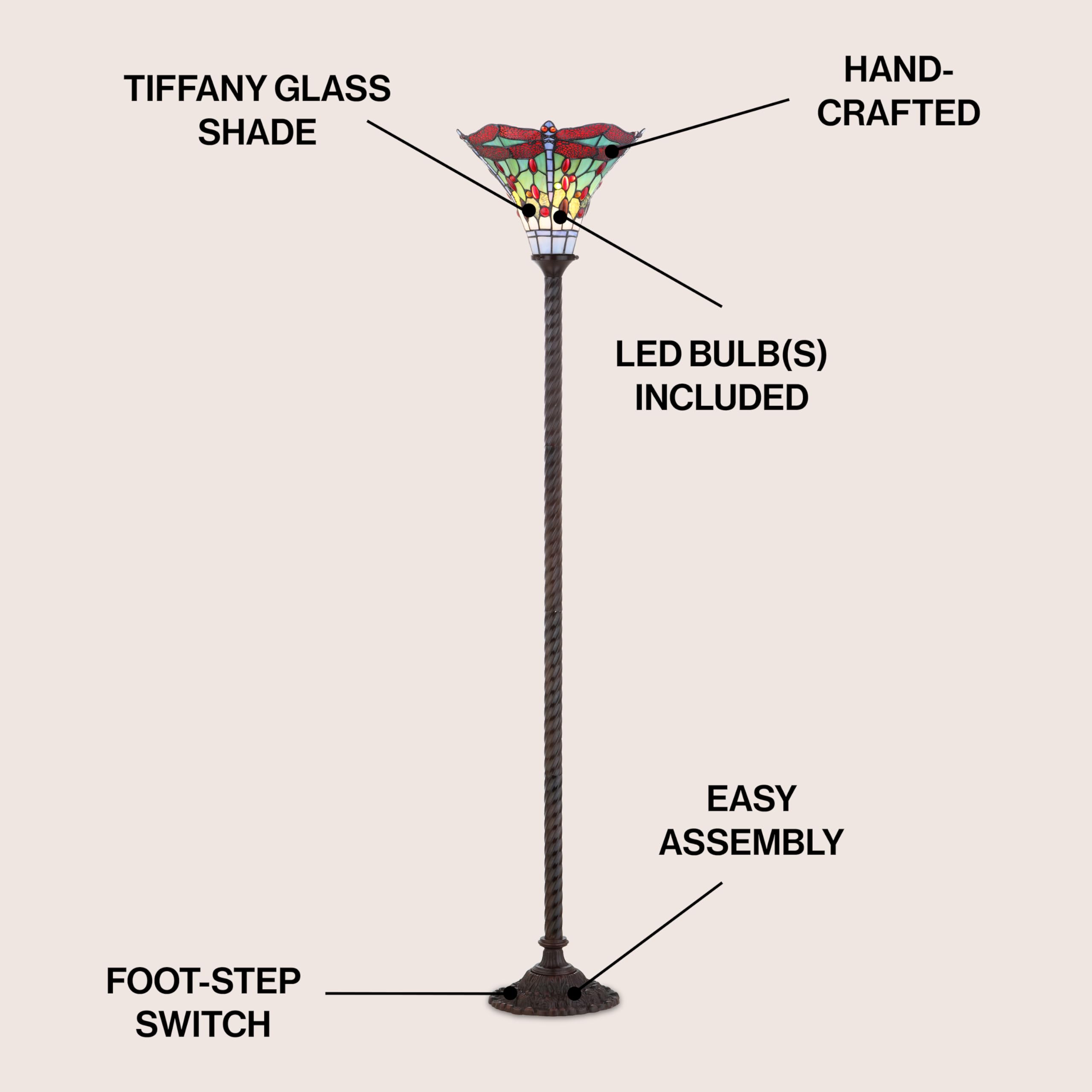 Jonathan Y Jyl8002A Dragonfly Tiffany-Style 71'' Torchiere Led Floor Lamp, Tiffany, Traditional, Art Nouveau Style, Elegant, Off