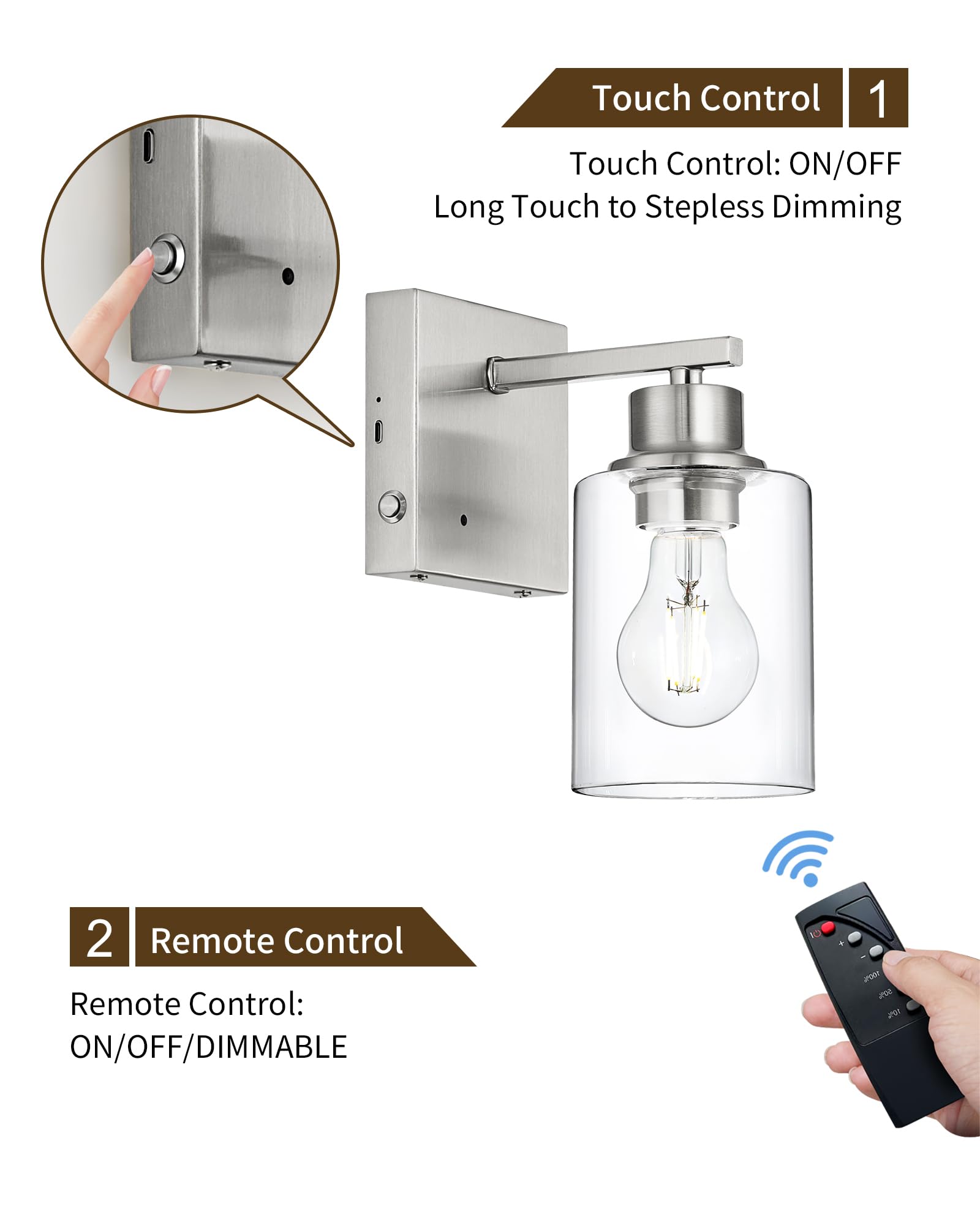 Rayogale Battery Operated Wall Sconce Set of 2, Dimmable Touch Control, Rechargeable, Nickel, Model WL-7112