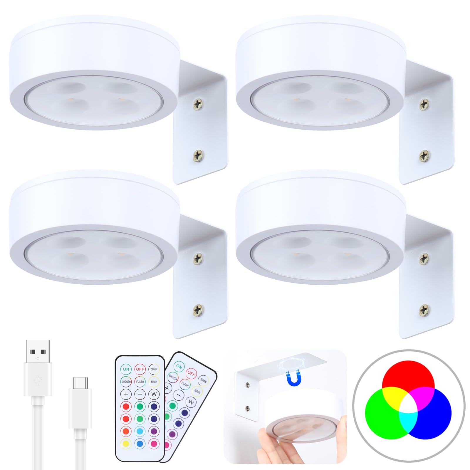 Ovyiech Wireless Picture Lights - 4 Pack, Battery Operated, Dimmable, RGB, White, Model XS-PCL09-04WTRGB