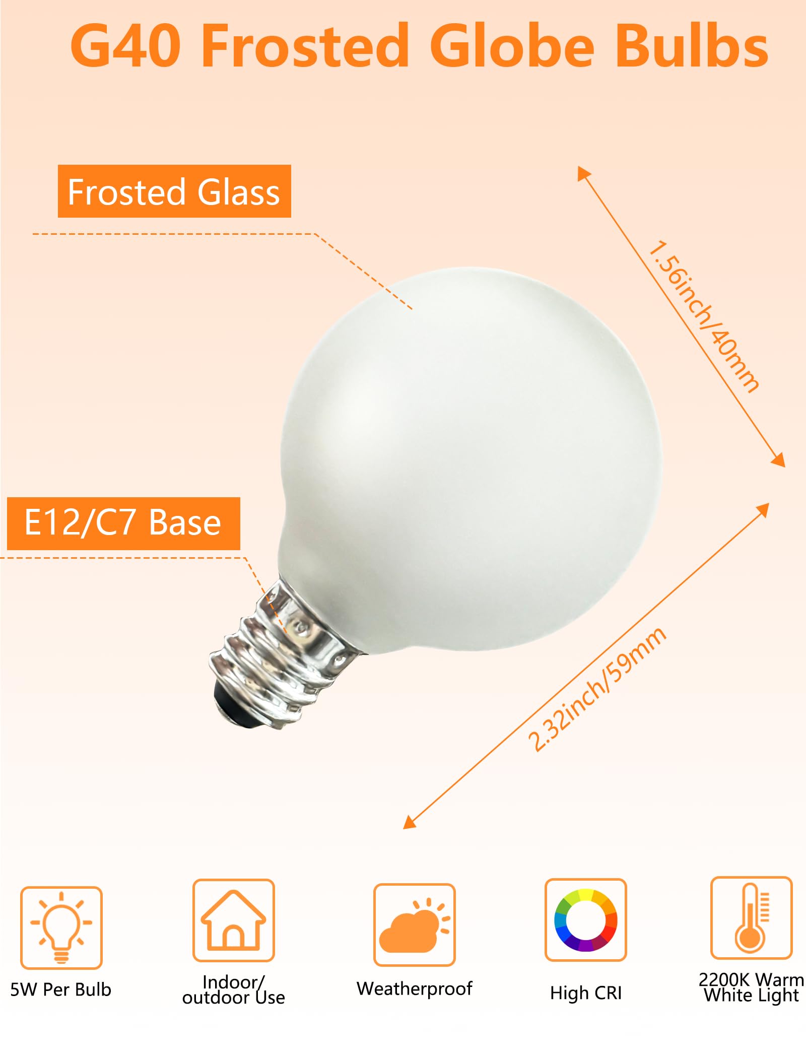 G40 Replacement Light Bulbs Frosted Wihte Globe Light Bulbs, 5W Incandescent Bulbs Fits E12/C7 Candelabra Screw Base For Indoor