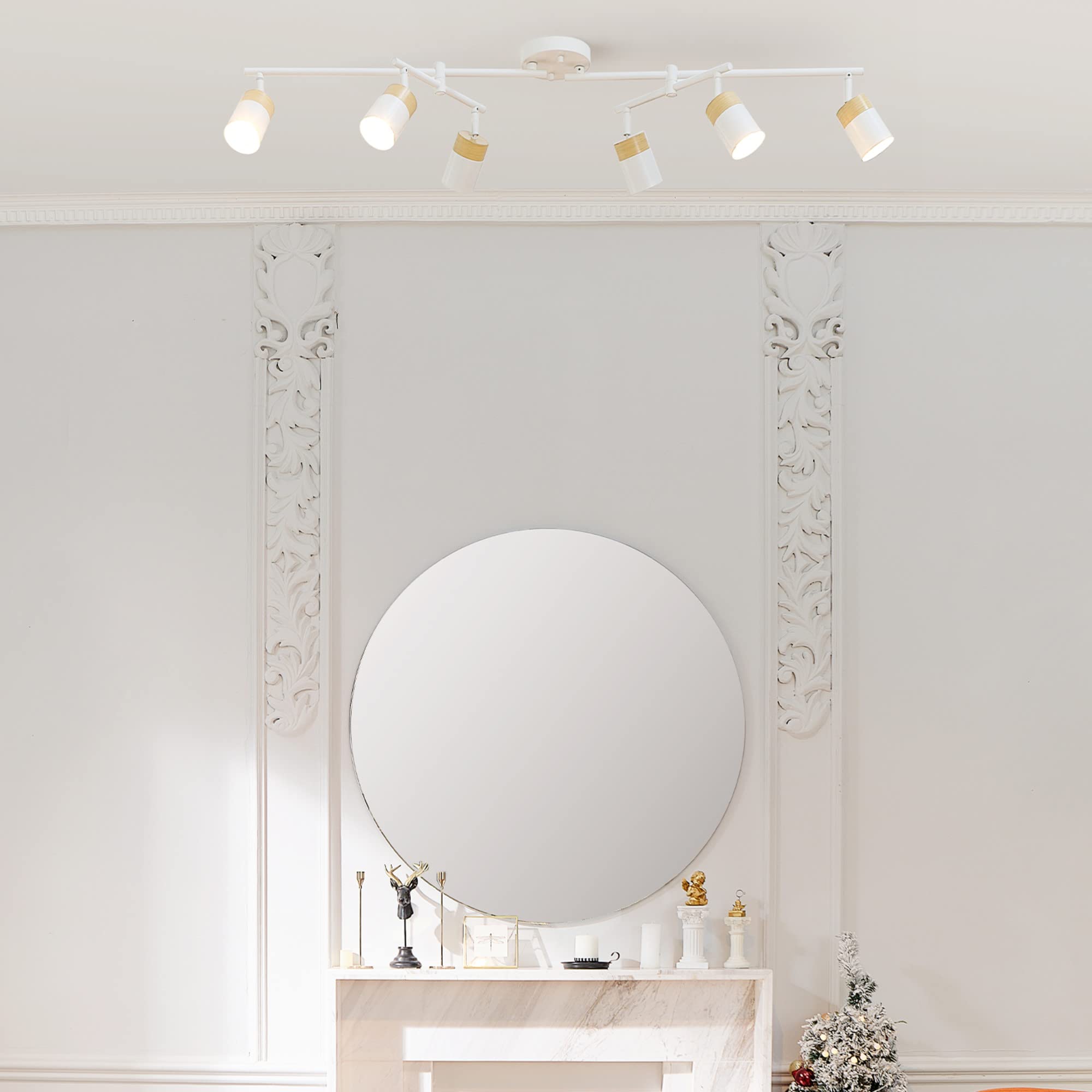 Globe Electric 64000055 42" 6-Light Track Lighting, Matte White with Wood Accents, Pivot Shades, GU10 Sockets, Ideal for Kitchen