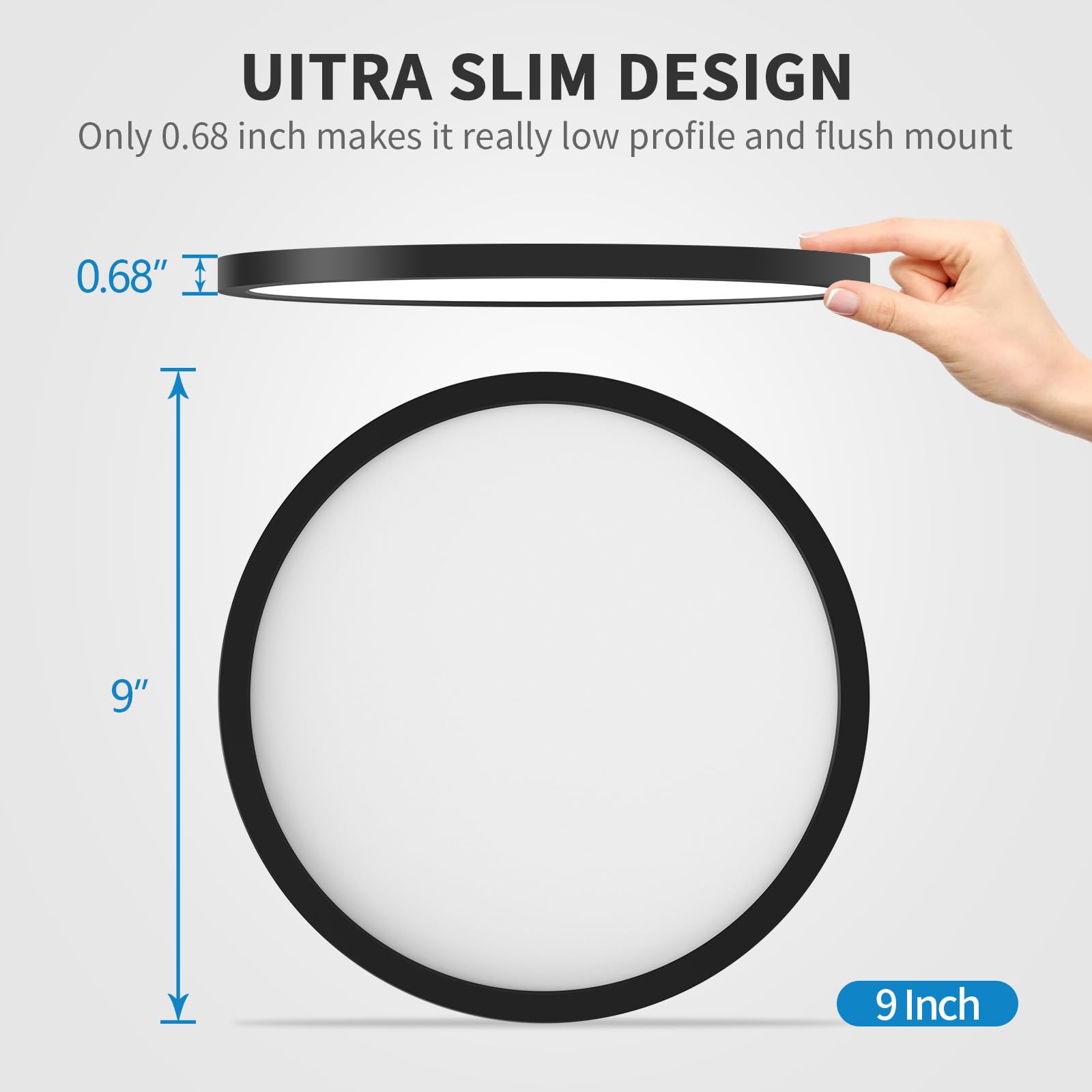 2 Pack Led Flush Mount Ceiling Lights, 9 Inch Round Black Ceiling Light, 20W 120V 5Cct 2700/3000/3500/4000/5000K, Dimmable Slim