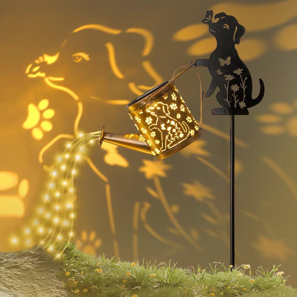 Outdoor Dog Statue Solar Watering Can with Lights, Complete with