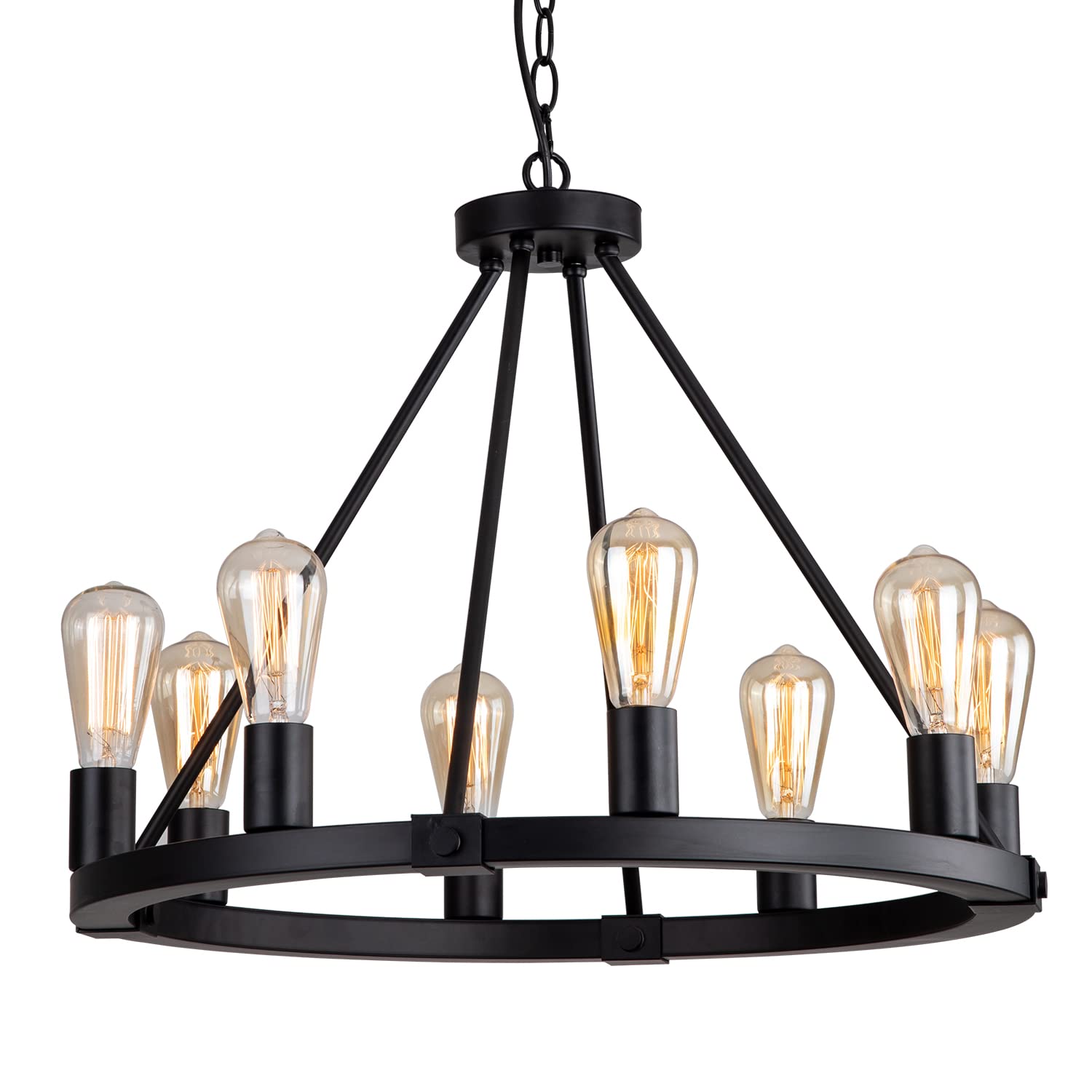 9Mmml 23.6&quot; 8 Lights Wagon Wheel Chandelier,Black Metal Round Industrial Vintage Kitchen Island Pendant Light For Living Dining Room Foyer Entryway,Height Adjustable,E26.