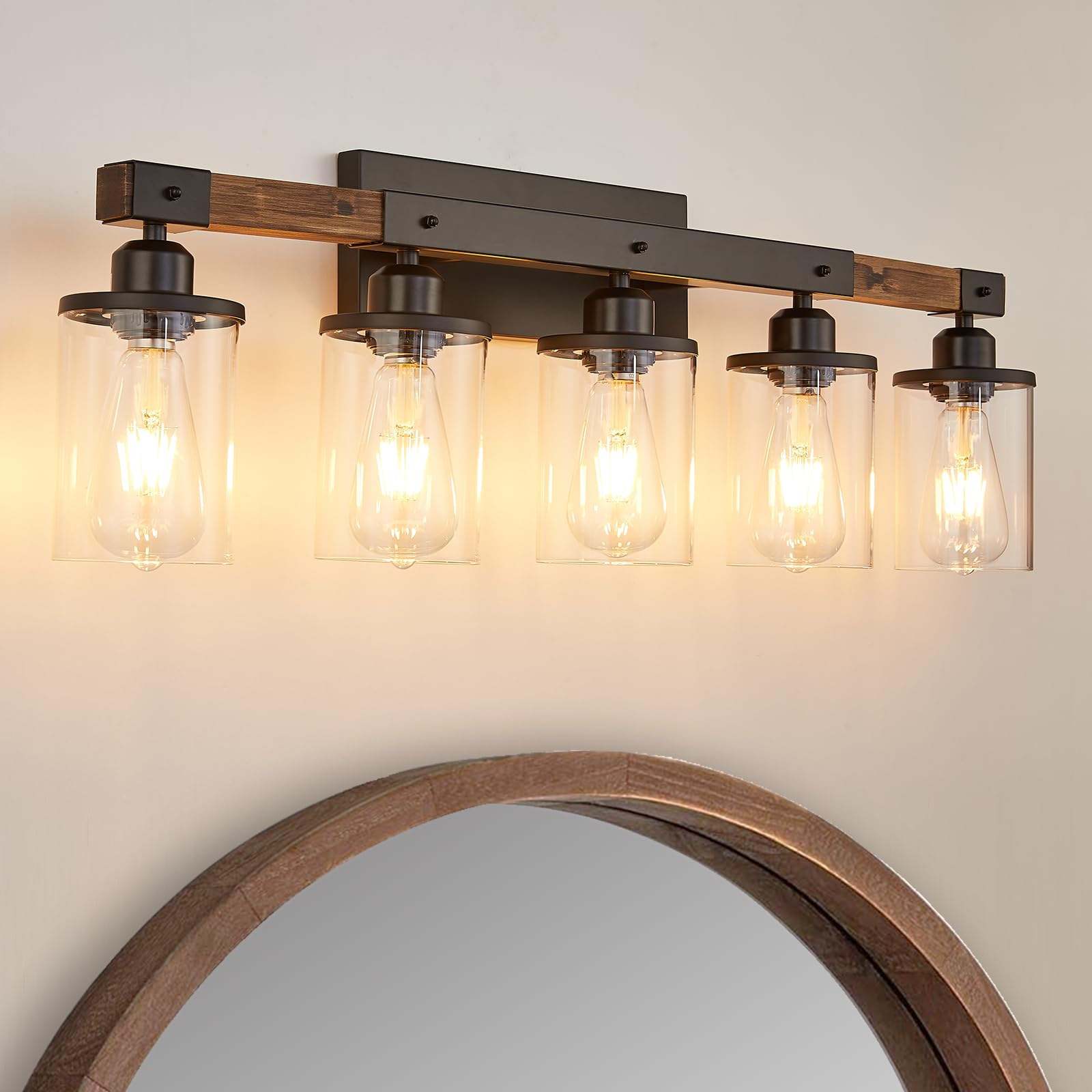 Feohak 5-Light Bathroom Vanity Light Fixtures, Farmhouse Vanity Lights For Bathroom, Rustic Industrial Vintage Black Wood Wall S