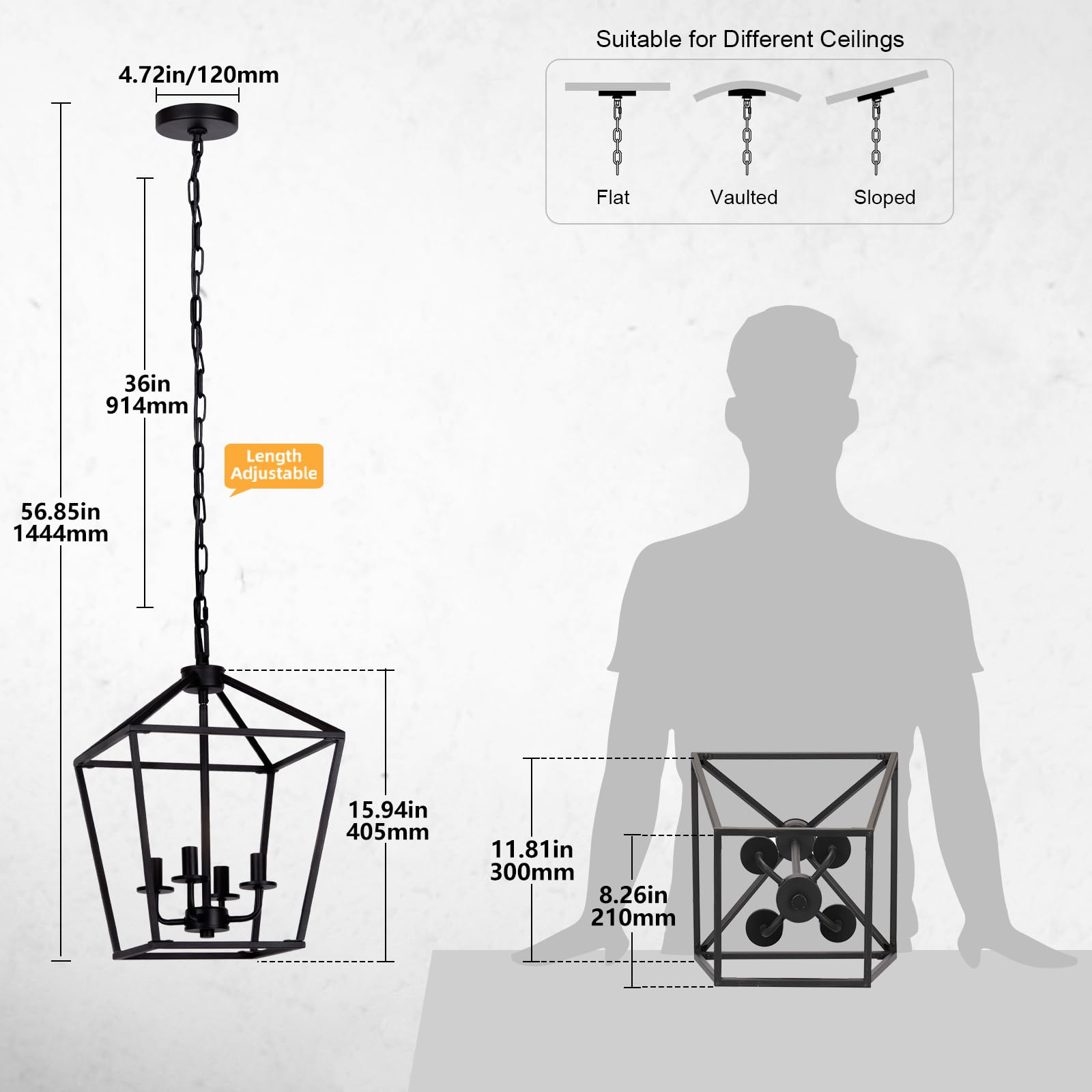 Seaside Village 4 Light Pendant - Industrial Black Lantern Chandelier, Metal Cage, Adjustable Height for Kitchen, Bedroom, or Entryway