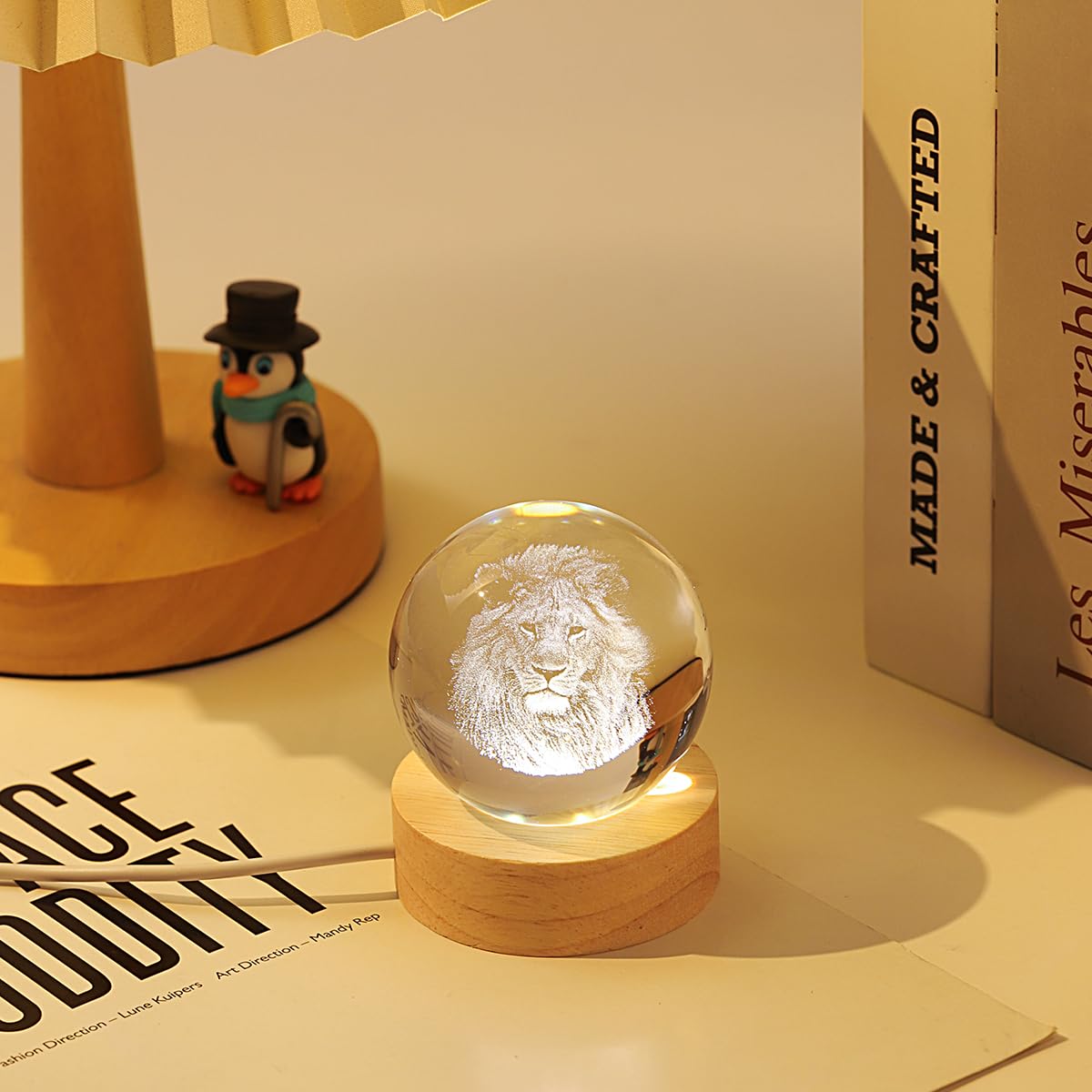 Hochance 3D Lion Crystal Ball Lamp With Adjustable Brightness Led Wooden Base Night Light For Kids Teens mature-themeds Birthday Gift Home Desk Office Bedroom Decor (6Cm / 2.4 )