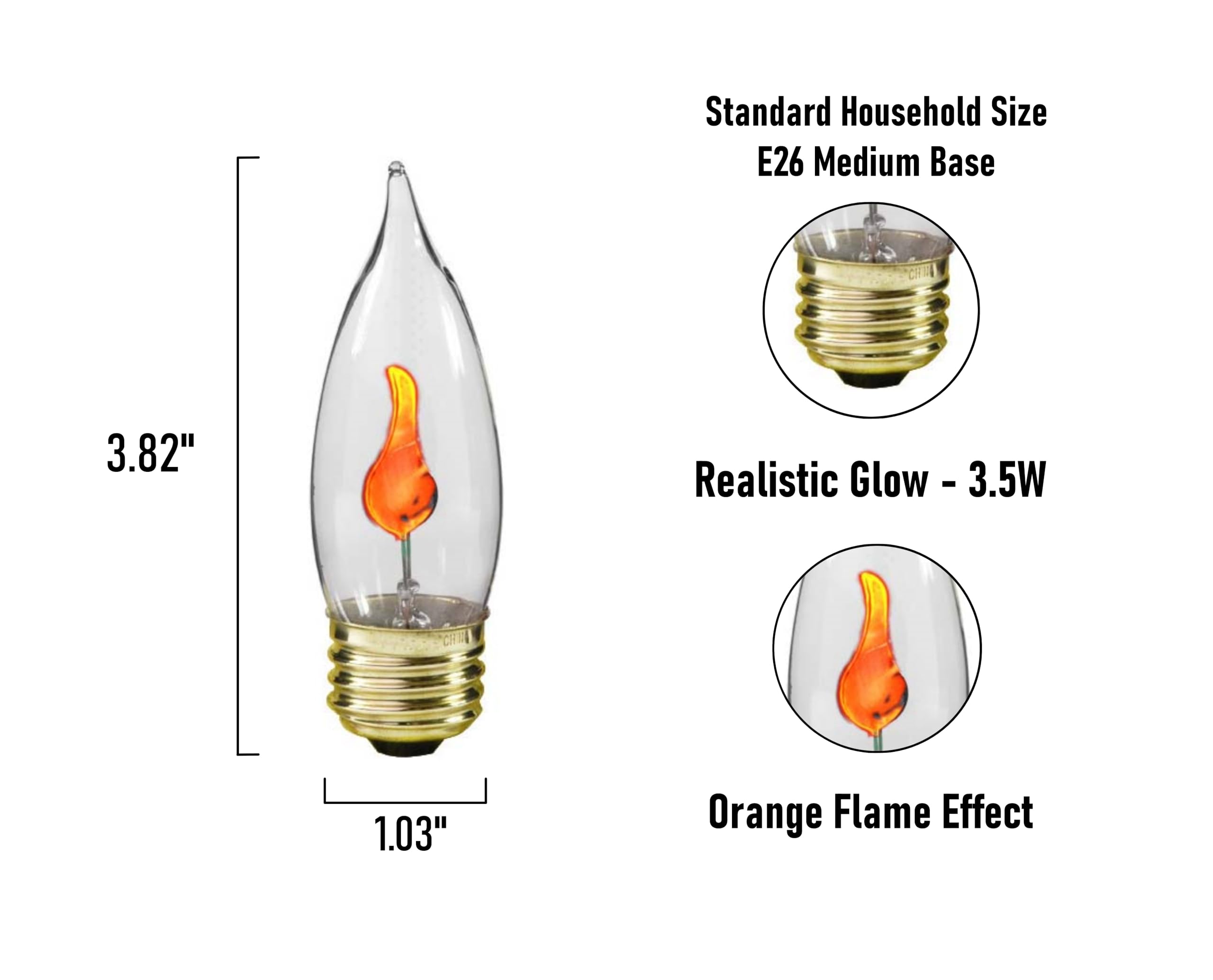 Creative Hobbies 3 Watt Flicker Flame Light Bulb - Flame Shaped, Flickering Orange Glow For Unique Ambience - E26 Standard Base,