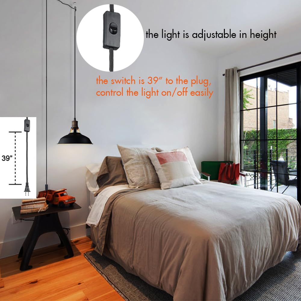 CLAXY Adjustable Plug-in Pendant Light Fixture Set of 2, Black Metal with On/Off Switch, 197-inch Cord, Model T2926DU-C-2