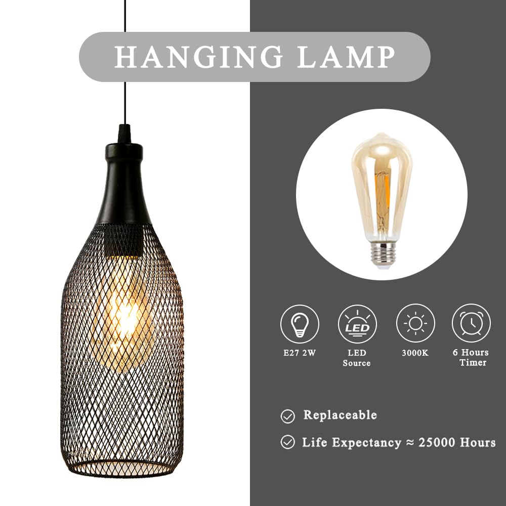 JHY DESIGN Hanging Lamp - Battery Powered Metal Cage Pendant - 13inH Wine Bottle Shape - Ideal for Indoor/Outdoor Use