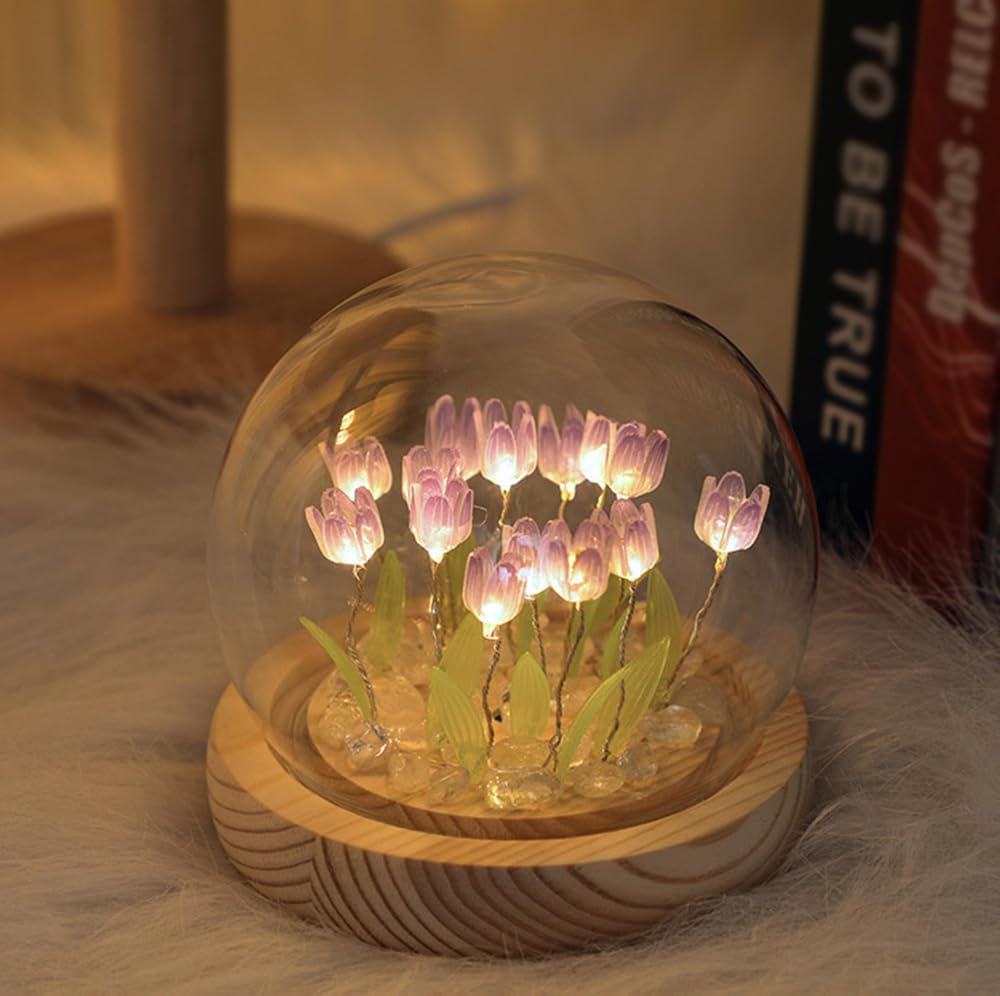 LOGAZOO Tulip Lamp - 20 Flower Night Light, Purple Glass Dome, Plastic, Model XZH05PK, Handmade Table Decoration for Home or Gifts