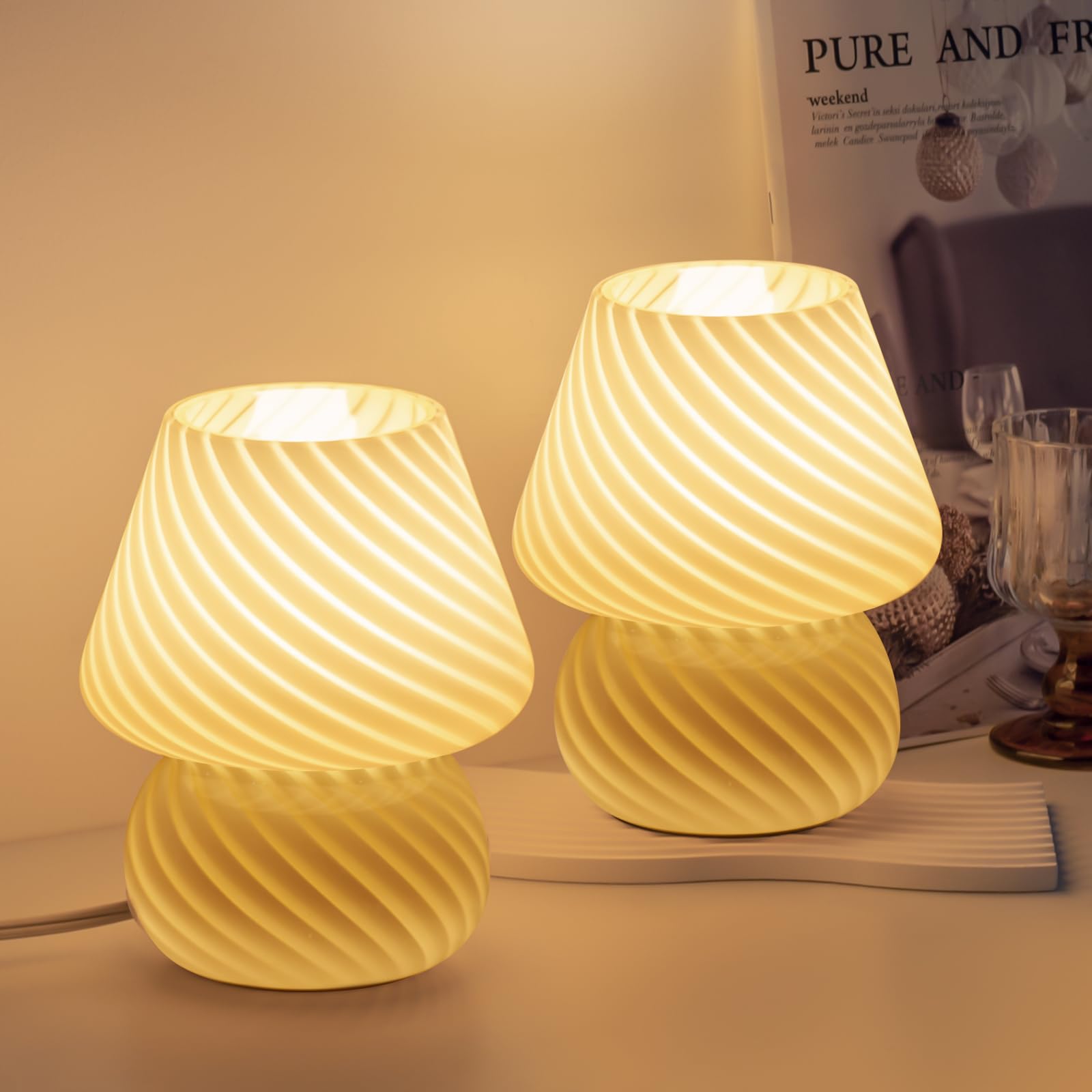 ONEWISH Mushroom Lamps Set of 2 - Small Bedside Table Lamp with Striped Glass, Nightstand Lamp for Bedroom, Bulb Included, for C