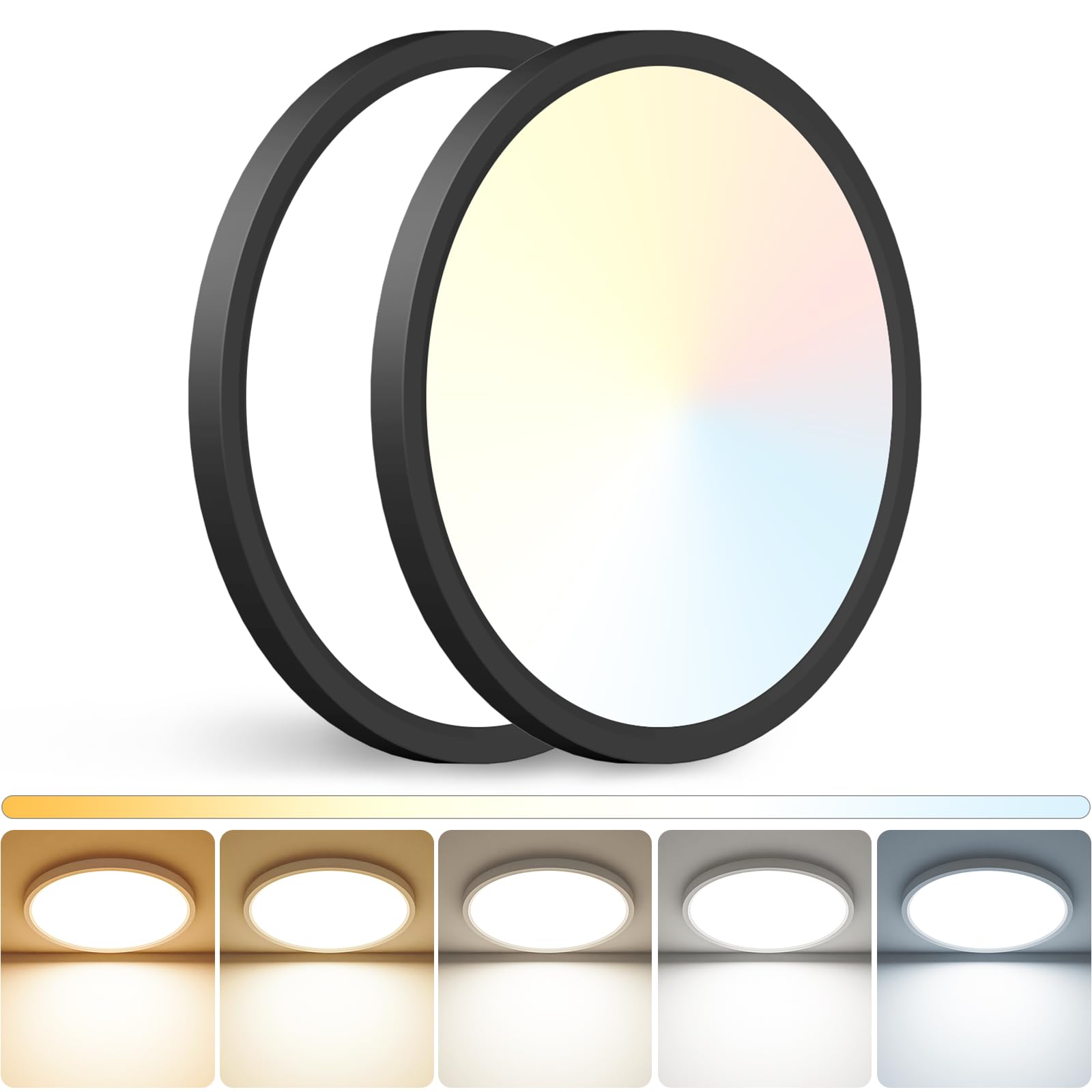 Peasur 12in LED Ceiling Light, Adjustable 3000K-6500K, 3200LM, Black, 2 Pack, Model CL62A-2-BK