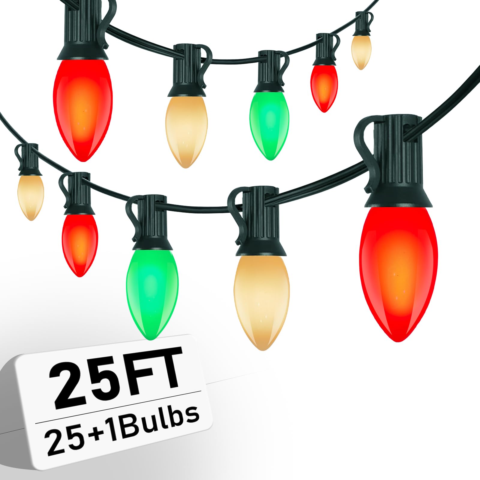 25Ft Red White and Green Christmas Lights, C9 Vintage String With 26 Ceramic Bulbs, Waterproof Connectable Outdoor for House Roo