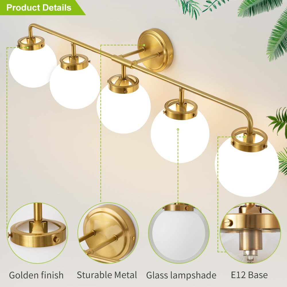 Deyidn Gold Bathroom Light Fixtures 5-Light Wall Sconce with Milk White Glass Globe Shade, Model 1758