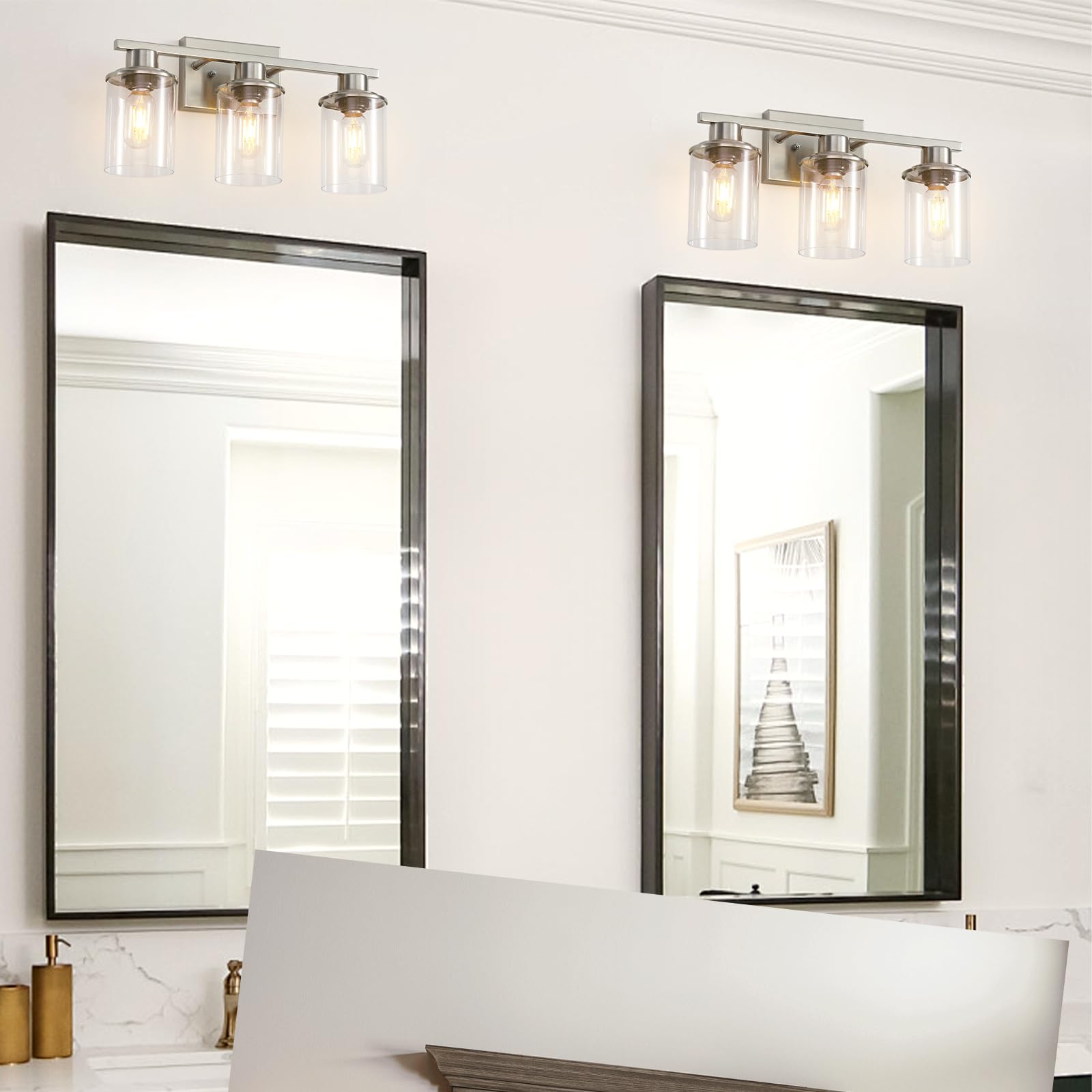 Lousace 3 Light Bathroom Vanity Light, Brushed Nickel Bathroom Light Fixtures, Modern Bathroom Lights Over Mirror With Clear Glass Shade, Wall Vanity Lighting Fixtures For Bathroom Bedroom Living Room