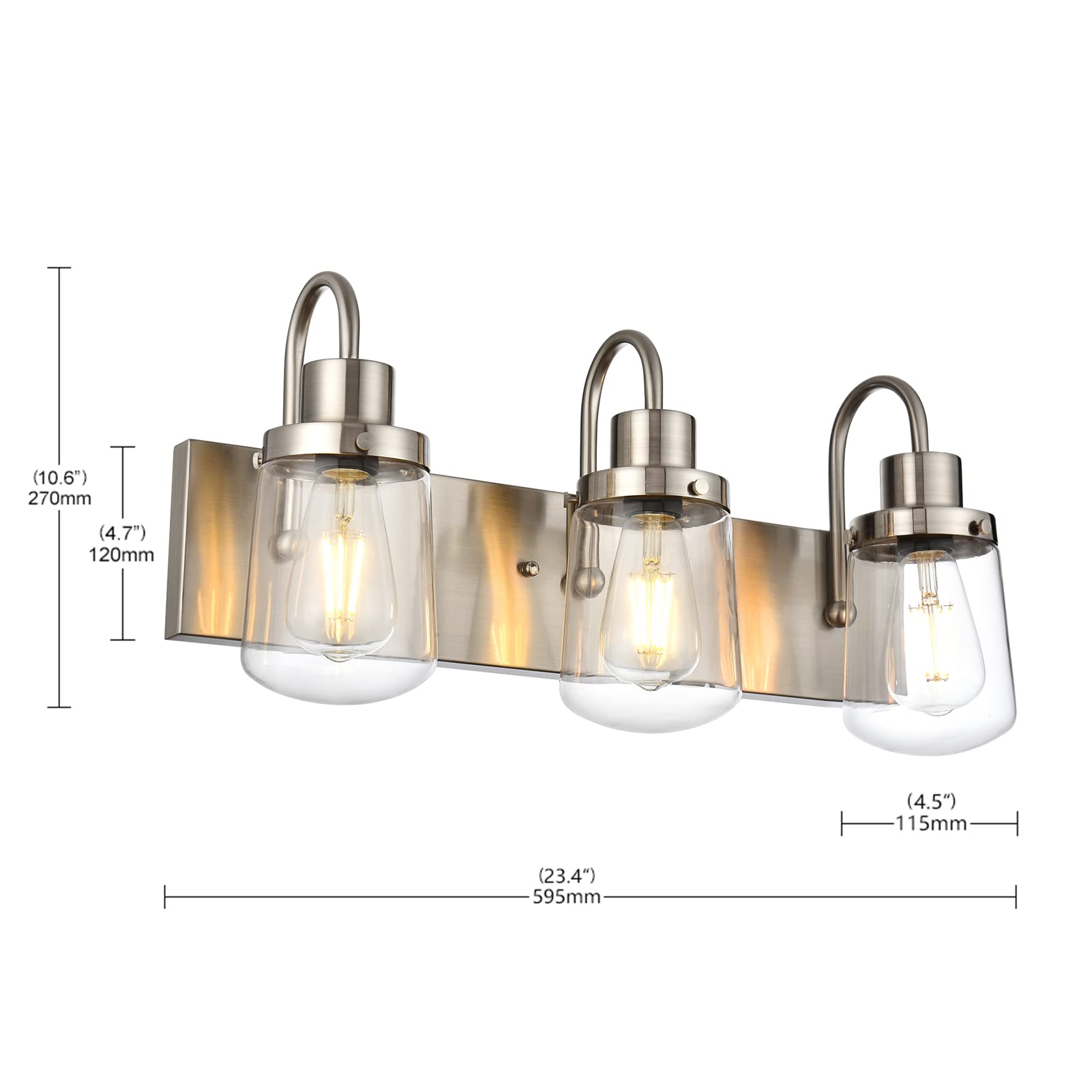 Yaohong 3-Light Satin Nickel Bathroom Vanity Wall Light Fixture With Clear Glass Shades