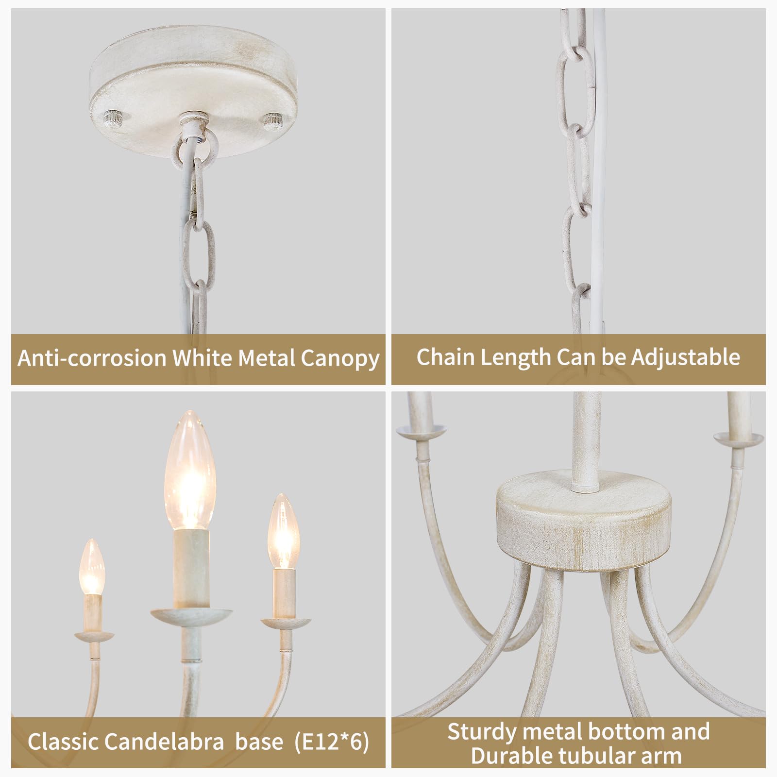 Rviezza 6-Light French Country Chandelier, Antique White Metal Pendant Light for Dining Room, Kitchen, Living Room, Foyer - RVBKI-2