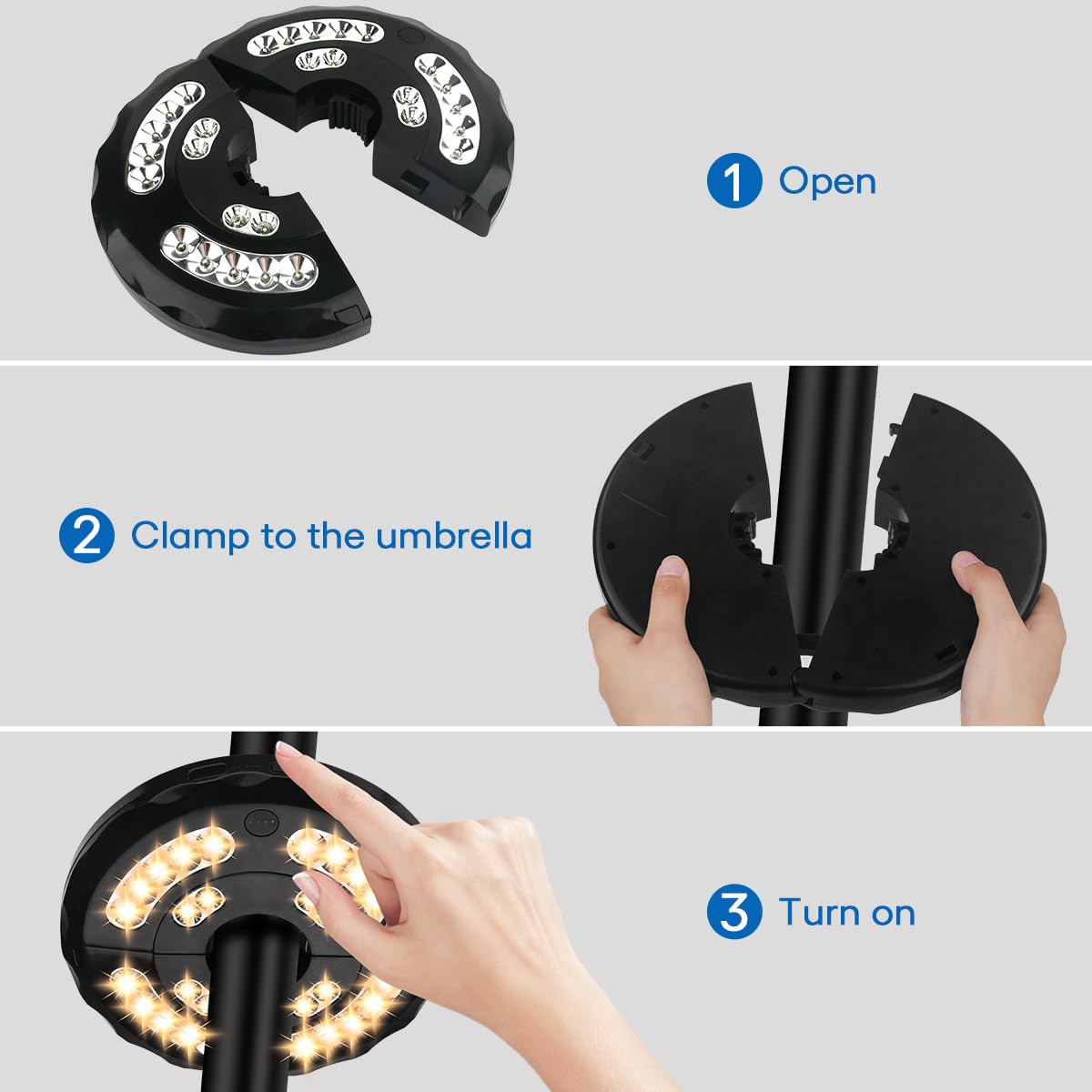 INKEER Dual-Power Patio Umbrella Light-Rechargeable & Battery Operated Umbrella Lights,3 Lighting Modes Cordless,Umbrella Pole L
