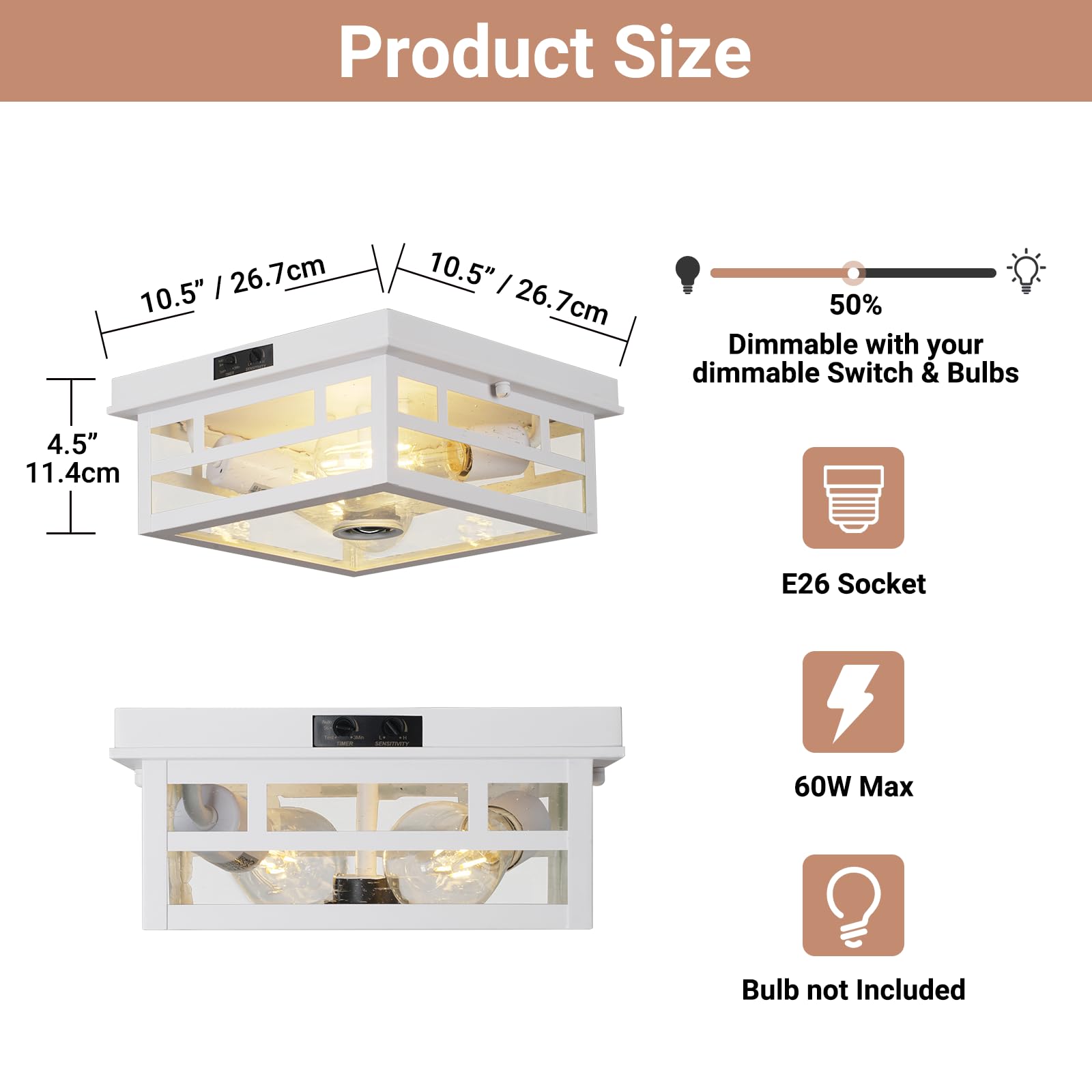 CALOKES Outdoor Flush Mount Motion Sensor Ceiling Light - Industrial Design, Seeded Glass, White, Model CL-MS-0001-W
