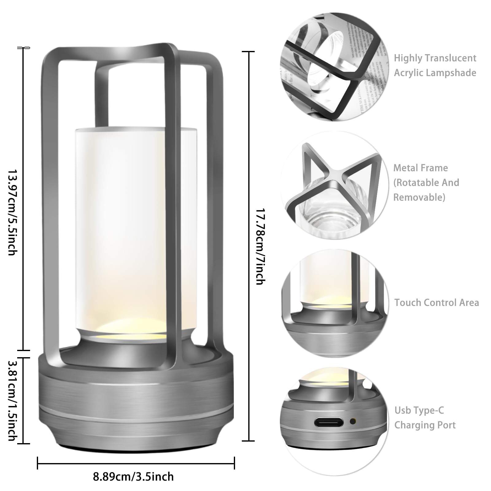 MEINV Cordless Rechargeable Table Lamp, Touch Control, 3 Color Dimmable, Small, Aluminum, Silver, Model CL001
