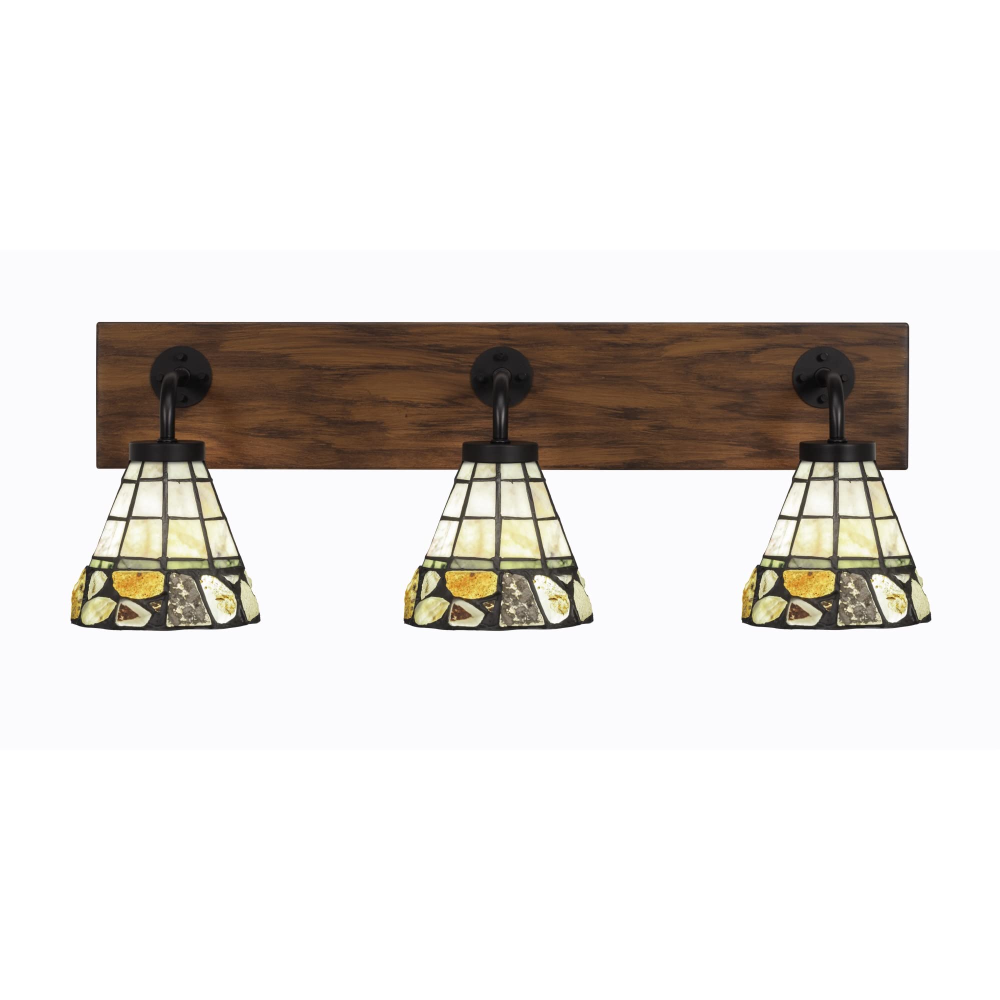 Oxbridge 3 Light Bath Bar In Matte Black & Painted Wood-Look Metal Finish With 7" Cobblestone Art Glass