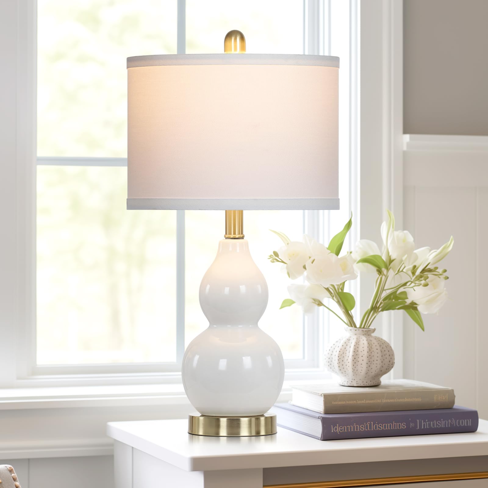 Rinweey Double Gourd Ceramic Table Lamps Set of 2, Modern White Nightstand Lamps for Bedroom, Large Size (Bulb Included)
