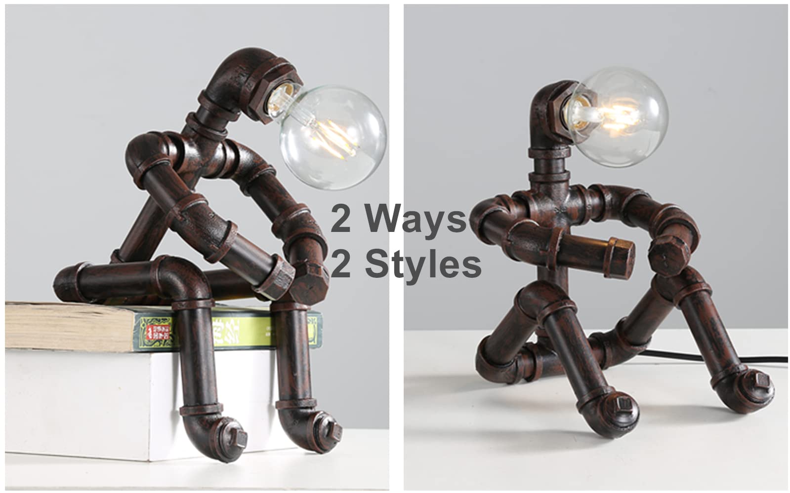 Efinehome Water Pipe Table Lamp Robot Style- Retro Industrial Table Light- Antique Steampunk Metal Desk Lamp Bedside Lighting Fixture For Office, Reading Kids Room, Cafe Bar (Rust-Style C)