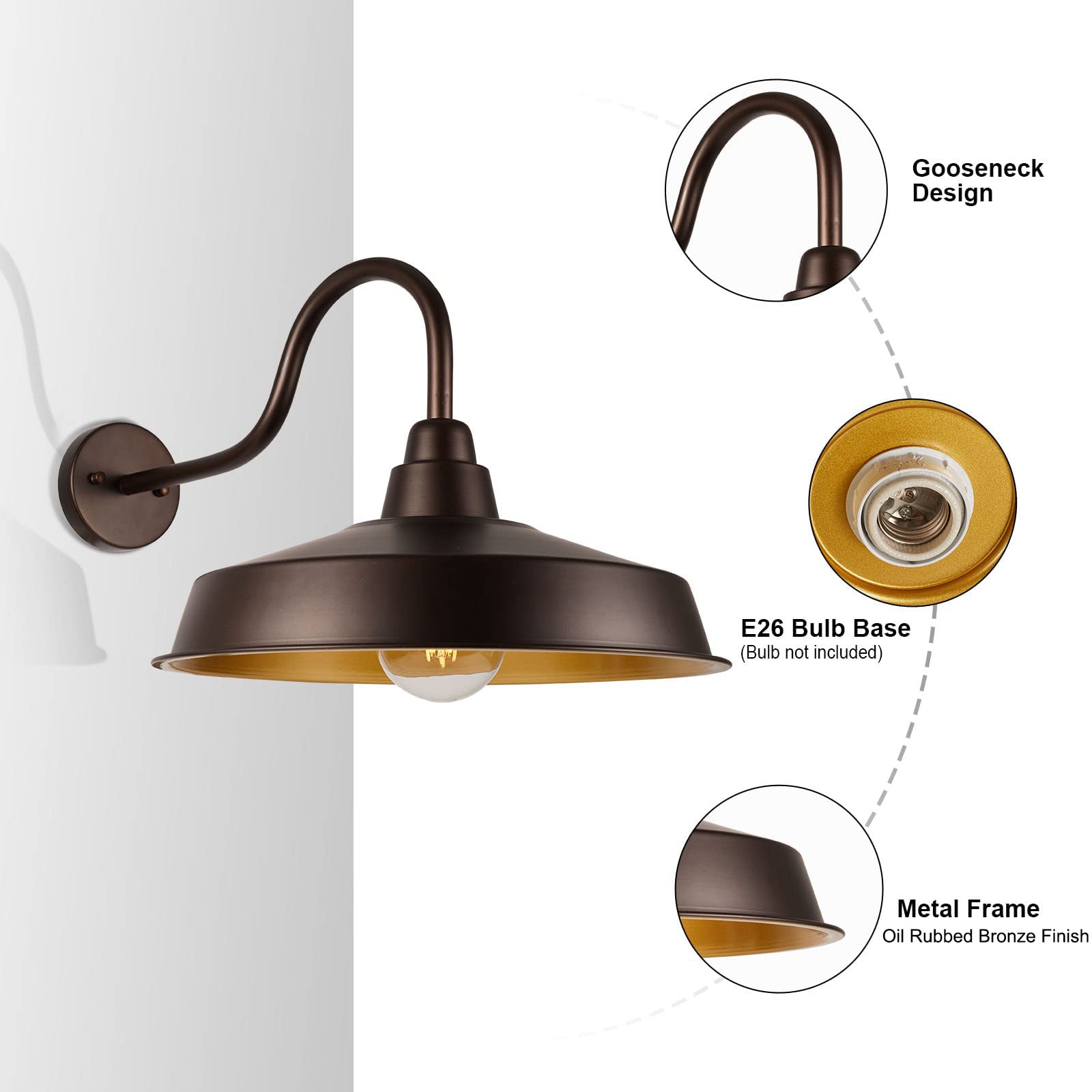 Diyel Gooseneck Barn Light Outdoor, 16 Inch Dome Large Farmhouse Exterior Light Fixture Wall Mount, Industrial Outdoor Wall Sconce Outside For House, Shop, Front Porch, Garage, Entryway, Orb, 1 Pack