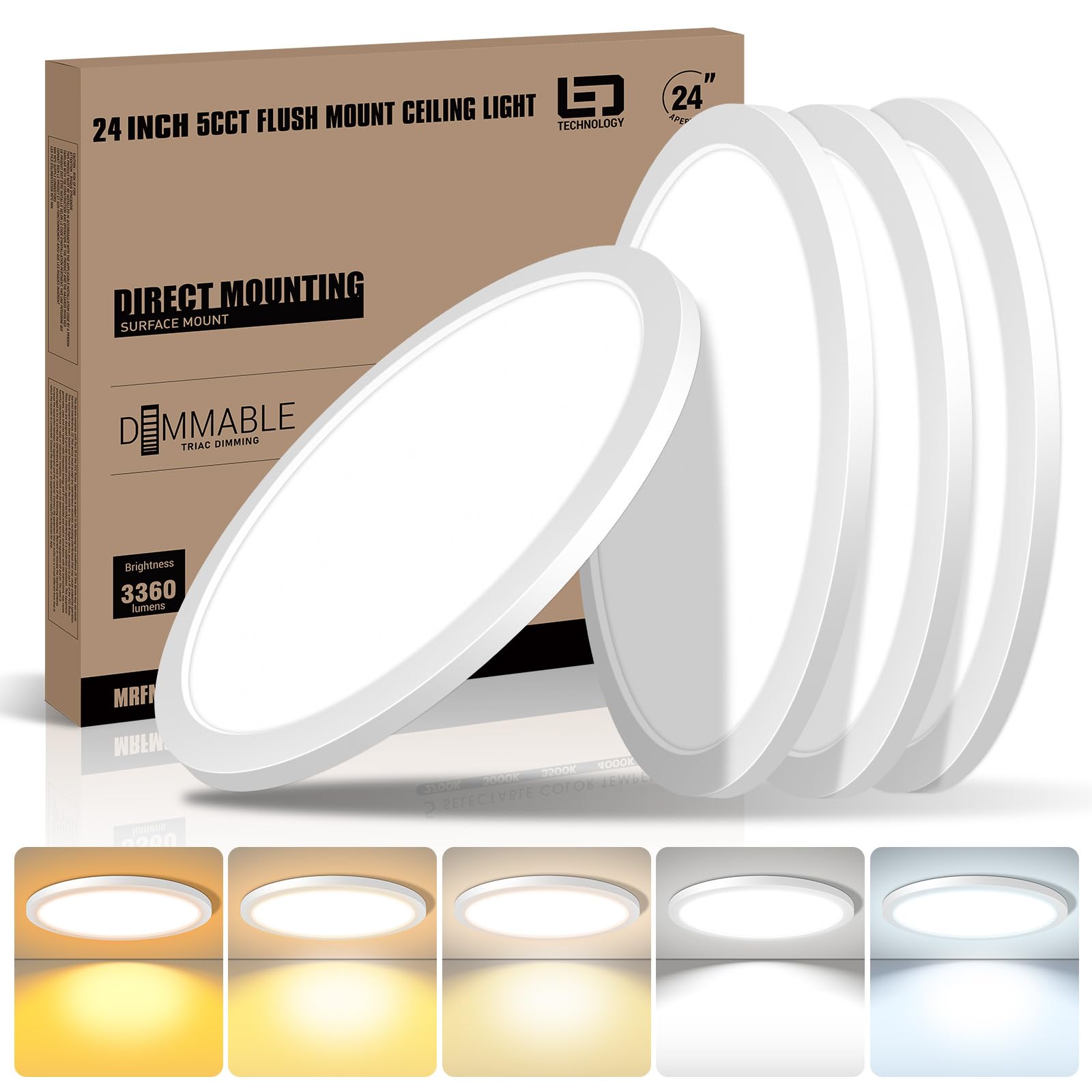 mw 24 Inch Flush Mount Ceiling Light, 3360LM, Dimmable, 5CCT, ETL Listed, Round-White, 4-Pack