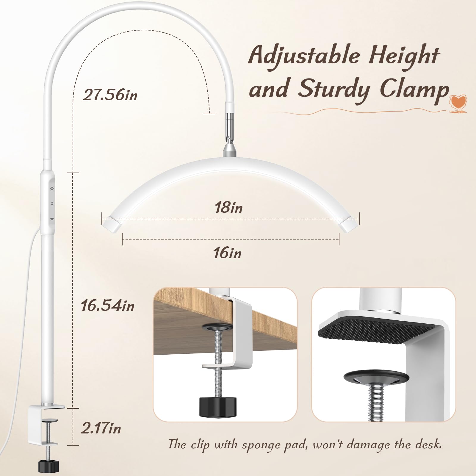 Mznoo Half Moon LED Desk Lamp with Clamp, 5 Brightness Levels, 5 Color Modes, Model M500, White