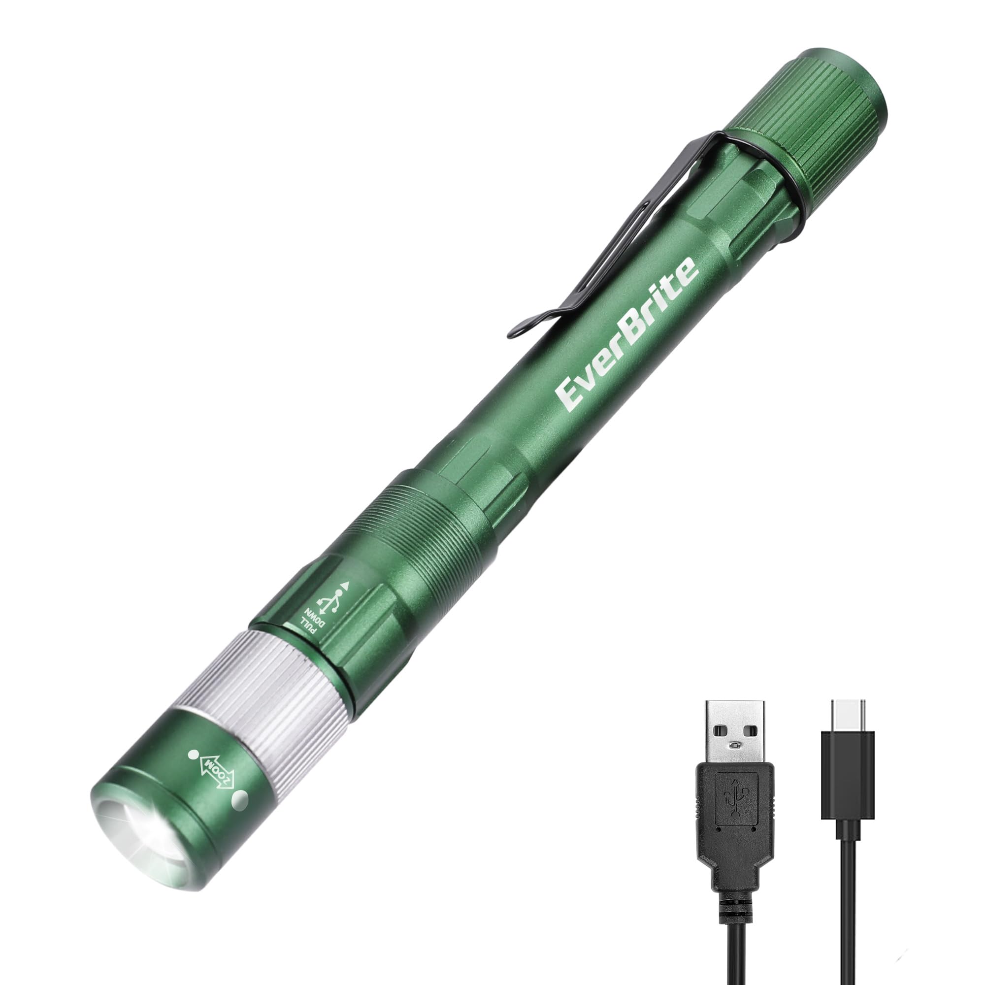 EverBrite Rechargeable Pen Light, 300 Lumens, Zoomable LED, Aluminum, Pocket Size, Green, Model E101123AE