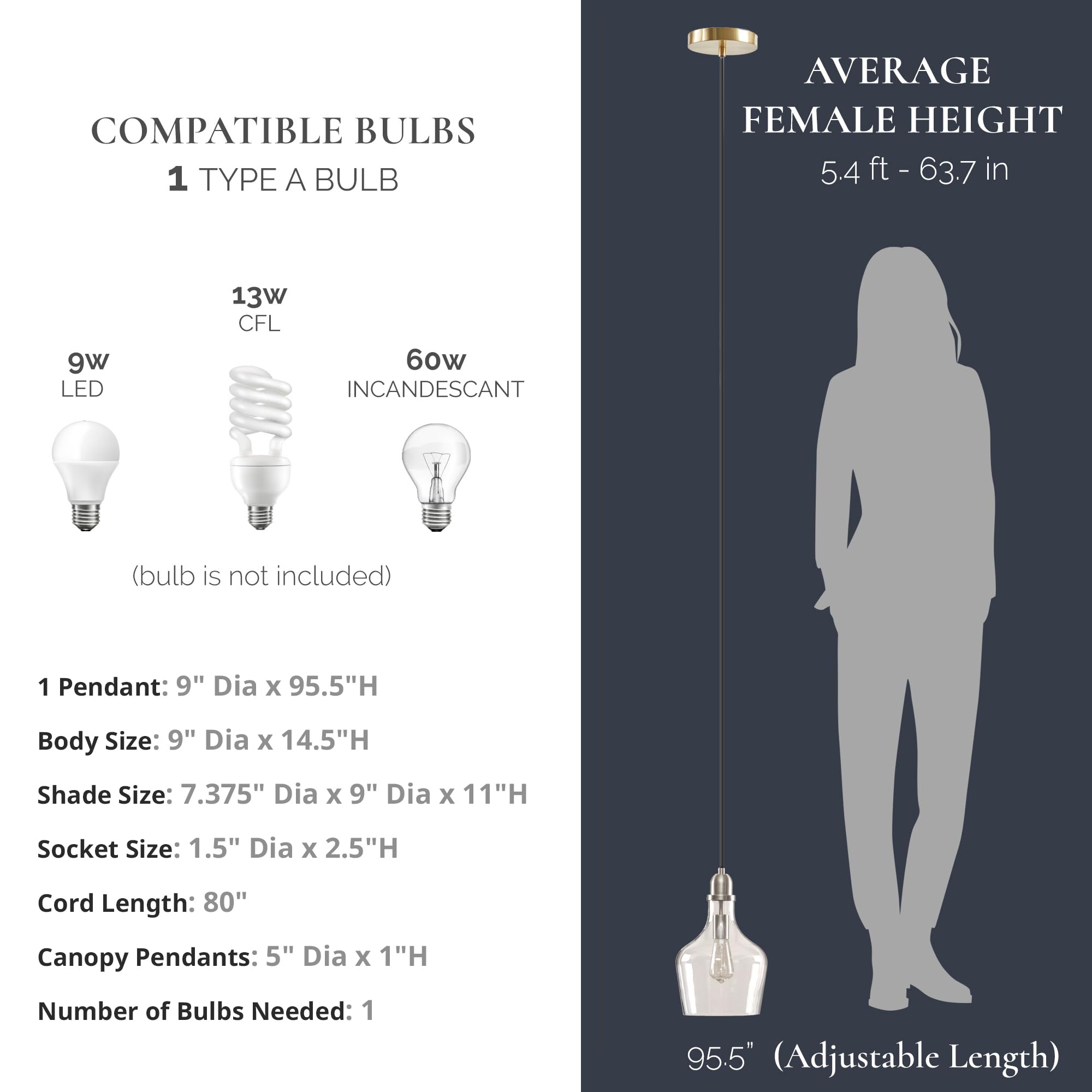 Hampton Hill Auburn Pendant Kitchen Lighting For Dining Room, Industrial Kitchen Lights, Hand-Blown Glass Bell Shaped Pendant Light For Kitchen Island, Foyer, Bedroom, 9&quot; Dia X 95.5&quot; H, Silver/Clear