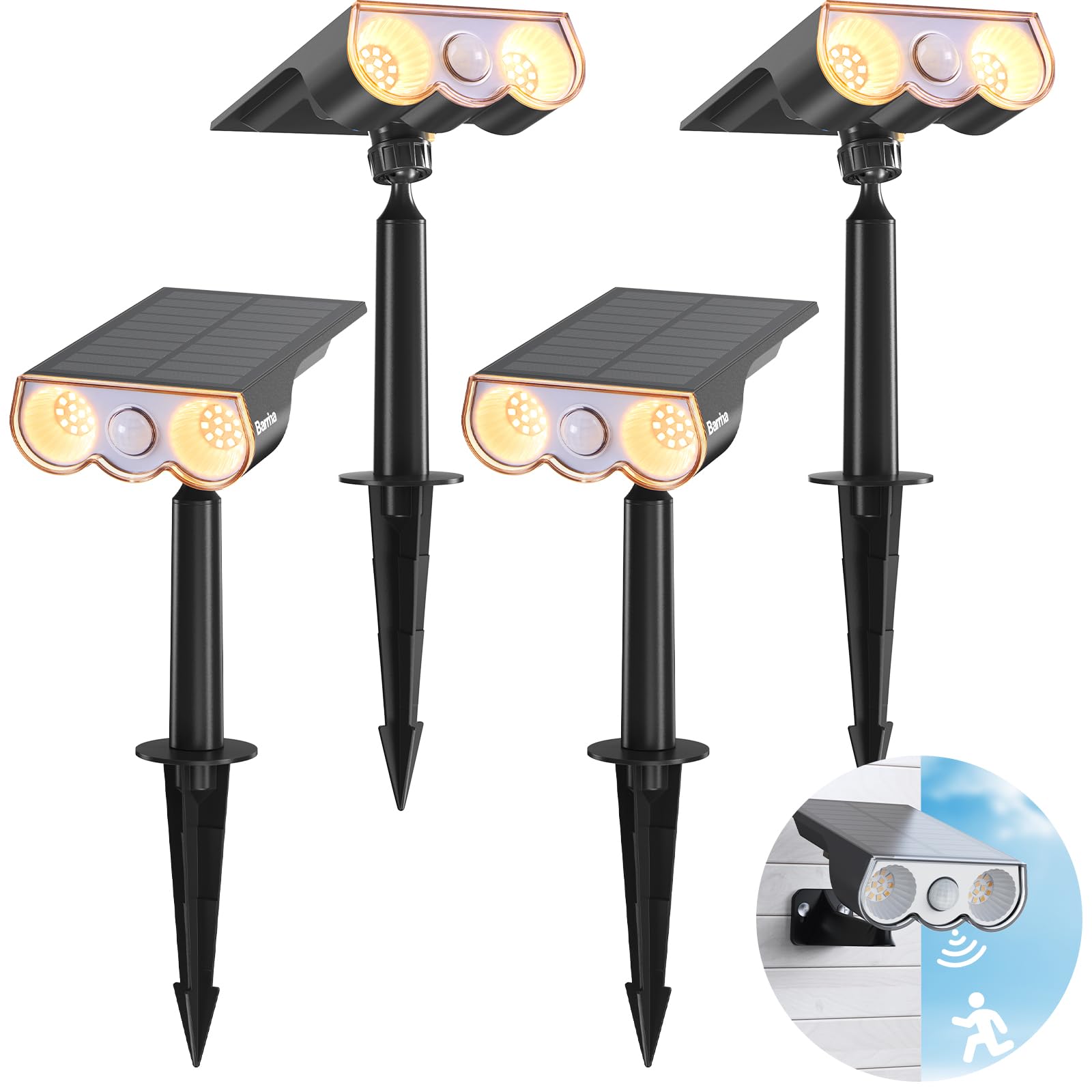 Barrina Solar Spot Lights Outdoor Motion Sensor - 3 Modes, Waterproof Solar Motion Lights for Yard, Garden, Pathway - Warm White