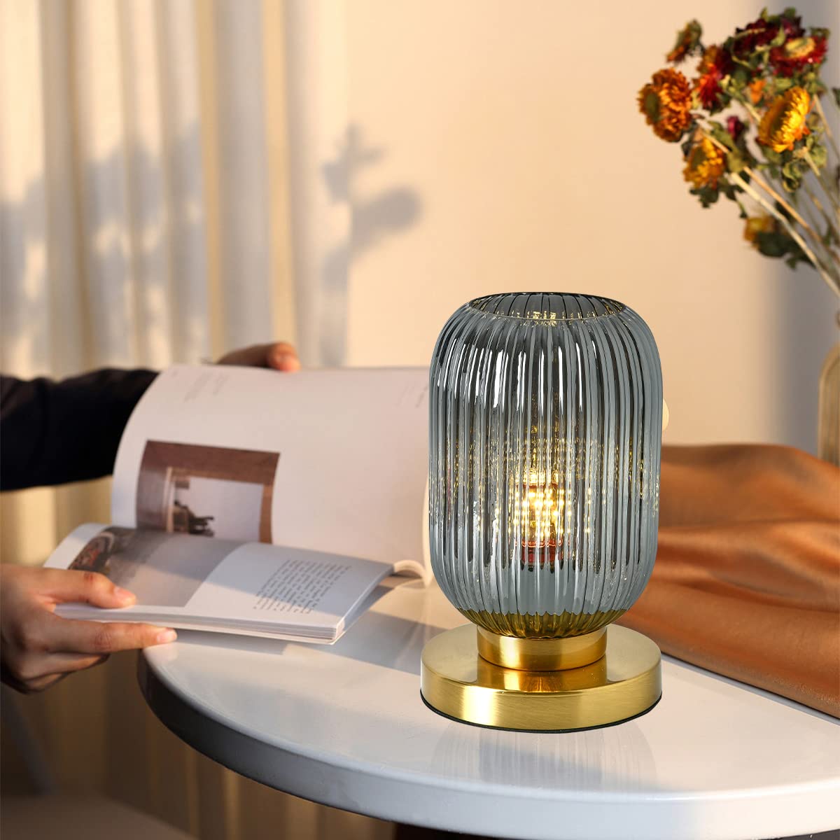 Auwieou Bedside Table Lamp Mid Century Glass Table Lamps Modern Globe Table Lamp Gold Desk Lamp Nightstand Lamp With Pumpkin Design With Ribbed Glass Shade For Bedroom Living Room Office (Smoke Gray)