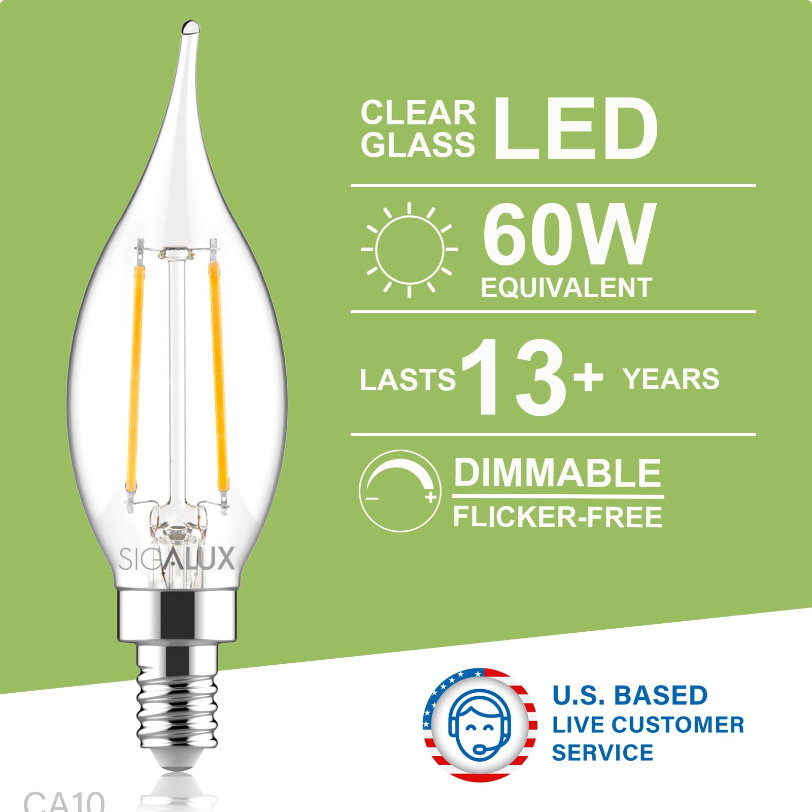 Sigalux E12 LED Candelabra Bulbs, Dimmable 4.5W 500LM, 5000K Daylight, CA10, 6 Pack, Glass