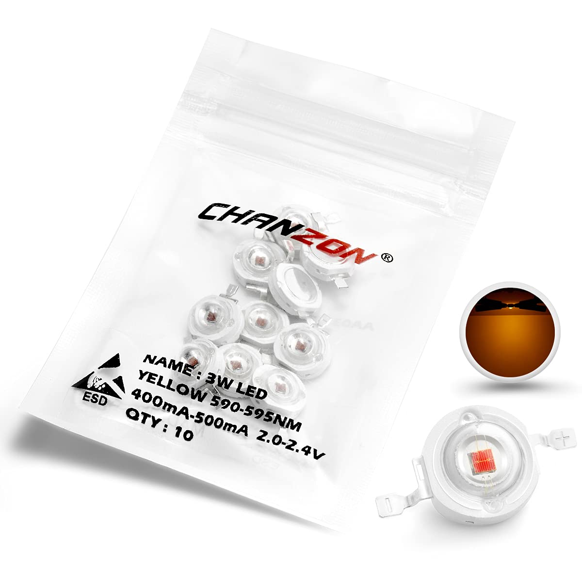Chanzon 10 Pcs High Power Led Chip On Board 3W Yellow (400Ma - 500Ma / Dc 2V - 2.4V / 3 Watt) Super Bright Intensity Smd Cob Lig