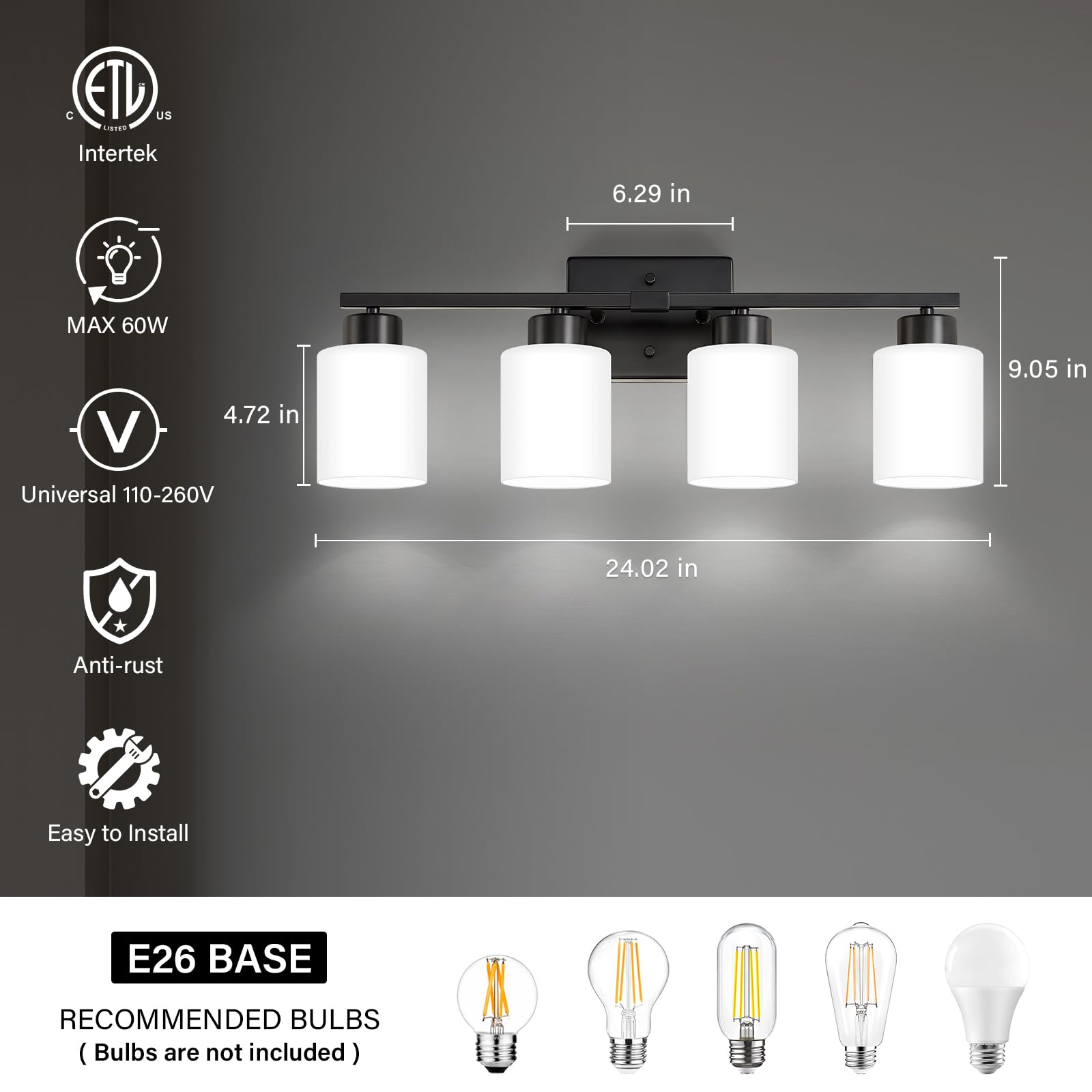 Fonmyim Black Bathroom Light Fixtures, 4-Light Modern Vanity Light Over Mirror, Wall Sconces With Milky White Frosted Glass Shad