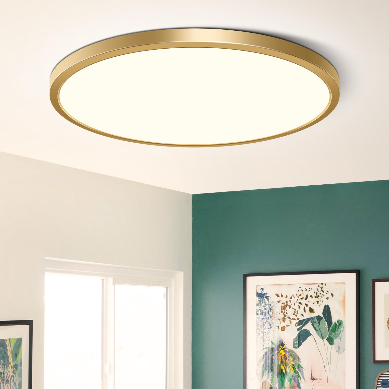 15.7Inch Gold Flush Mount Ceiling Light Fixture   32W(320W Equivalent)  3800LM  4000K Natural White  IP40  Flat Modern Round LED Ceiling Lights for Bedrooms  Living Rooms  Bathrooms  Stairwells  etc.