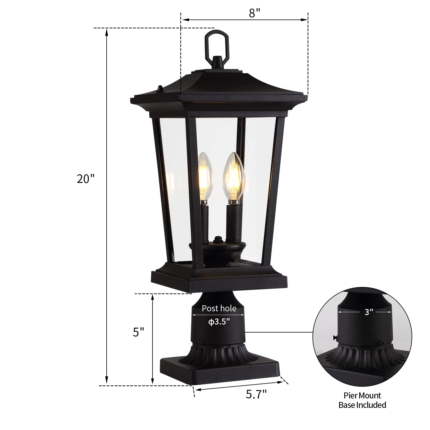 Smeike Outdoor Post Lights  Cast Aluminum Lamp Post Light Fixture  2-Light Pole Mount Light With Clear Glass  Outdoor Pier Mount Light Matte Black Finish