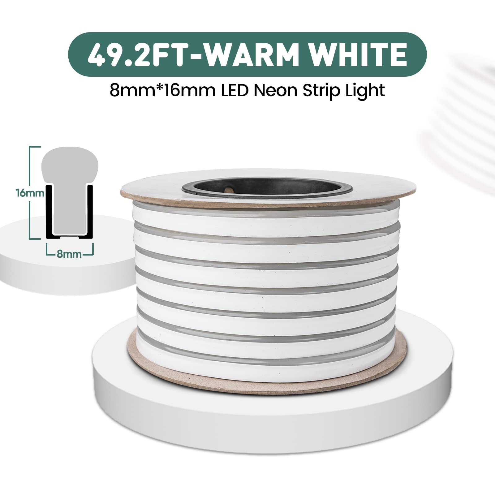 GZBtech 50FT Flexible LED Neon Rope Lights, Warm White, Waterproof, 120 LEDs/M, Cuttable, Model MYHNLS-WW-15M for Indoor/Outdoor Decor