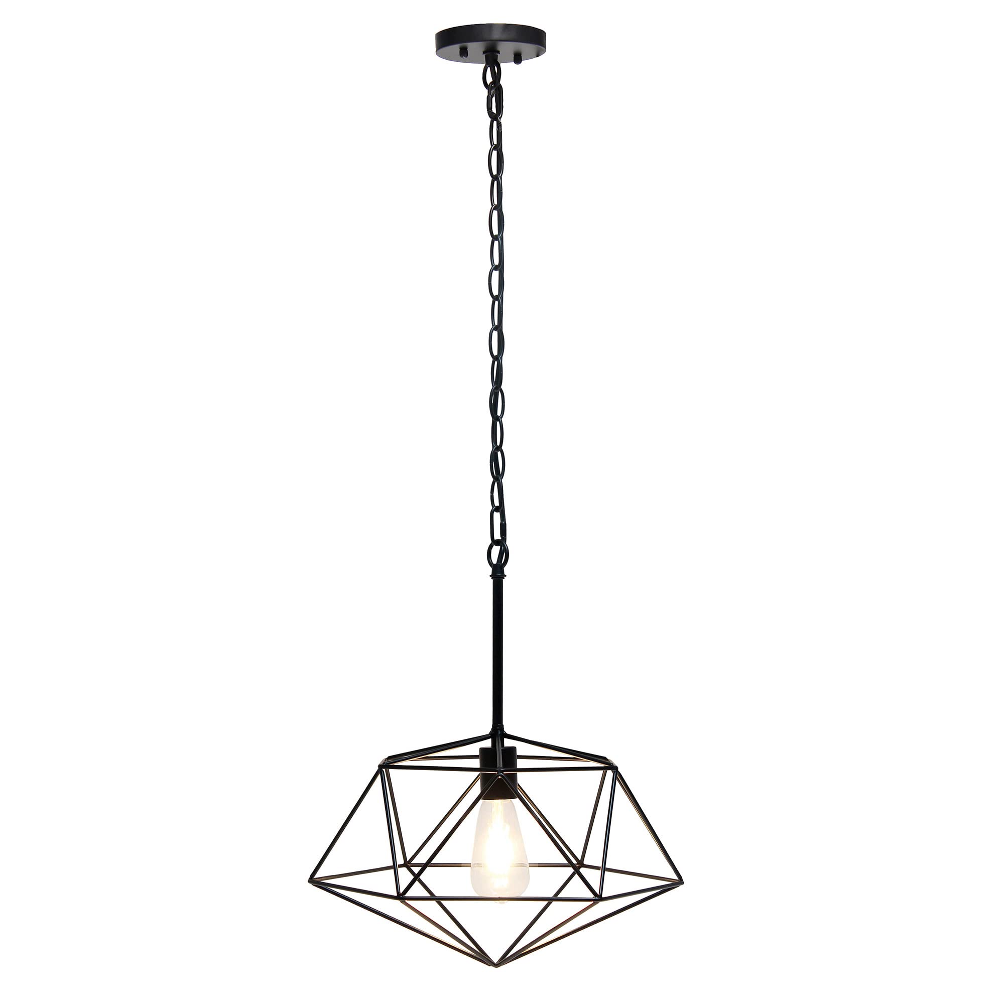 Elegant Designs PT1011-BLK 16in Geometric Diamond Pendant Light Fixture, Black, Iron, Industrial Metal Wire Cage