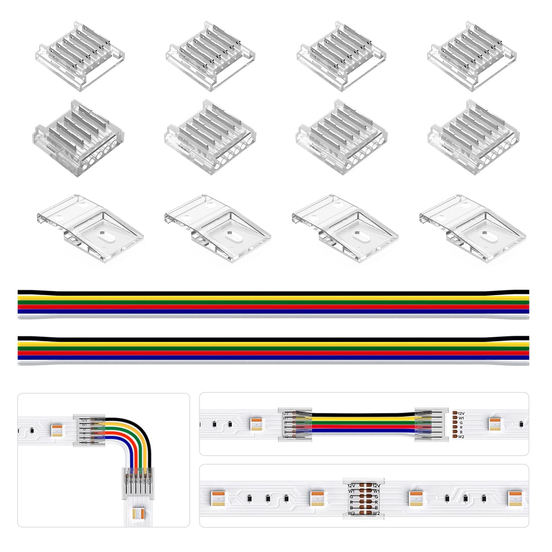 Btf-Lighting Smd 6 Pin 12Mm 0.47In Width Transparent Connector Kit,4Xgapless Solderless 8Pcs Corner Connector, 4Pcs 5.9In Long 22Awg Extension Wires,Support 5050 Smd Rgbcct Led Strip