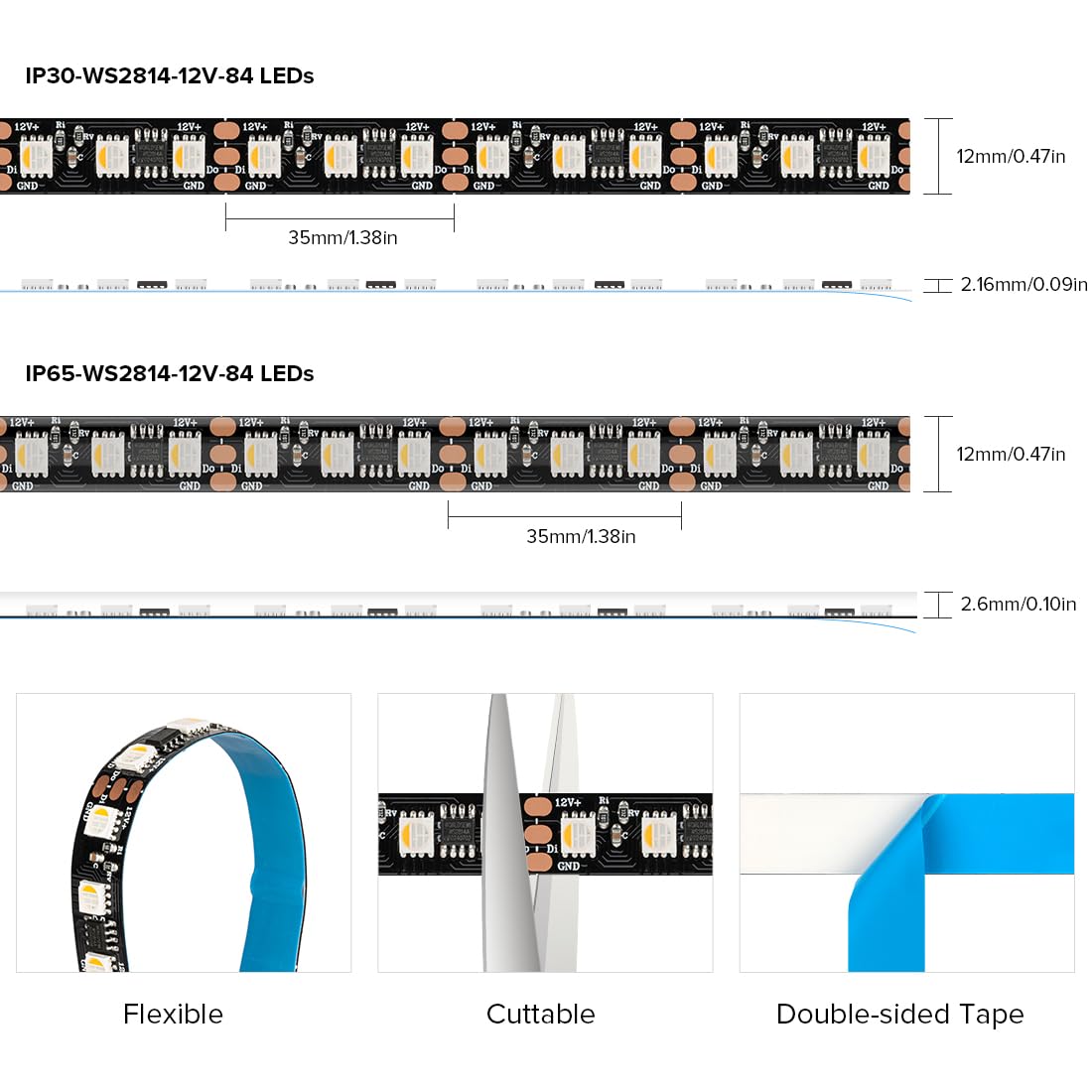 BTF-LIGHTING WS2814 RGBW LED Strip, 16.4FT, IP65, 84LED/m, 12mm Width, DC12V, Dream Color, Plastic,