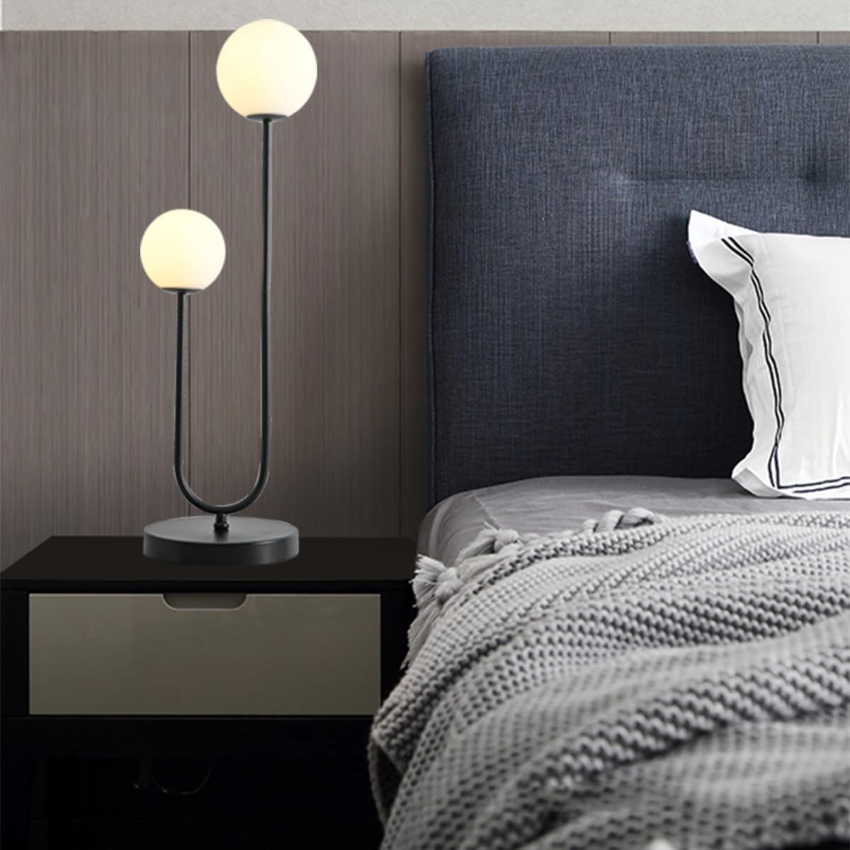 AMARTIZ Black U-Shape 2-Light Table Lamp, Mid Century Design with Milk White Glass Shade, Model T3000-BK for Bedroom Nightstand