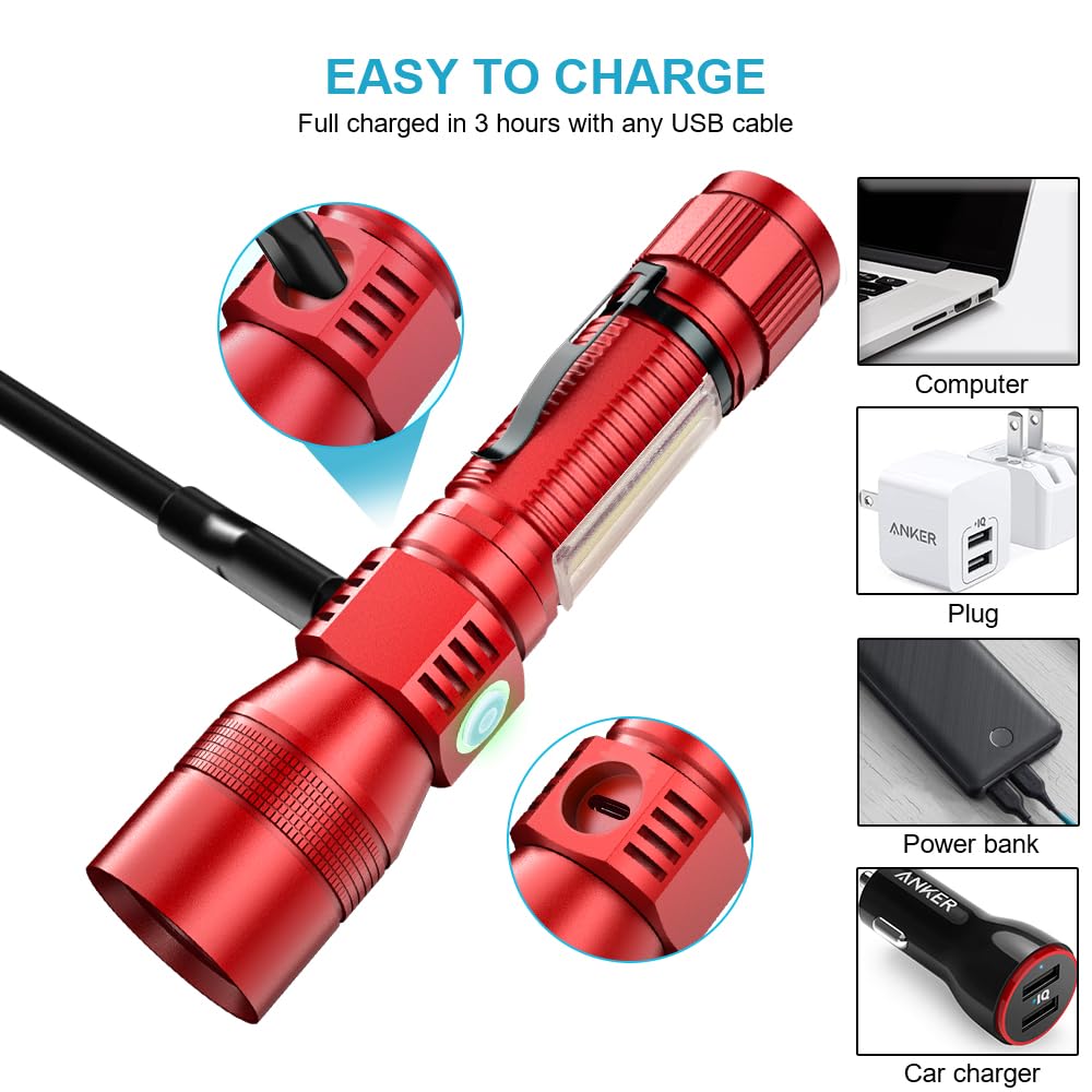 Spriak UV Flashlight Rechargeable 3-in-1 Tactical LED Torch, Zoomable, Waterproof, Red, Model Spriak-USB016-2PACKRED, 2 Pcs