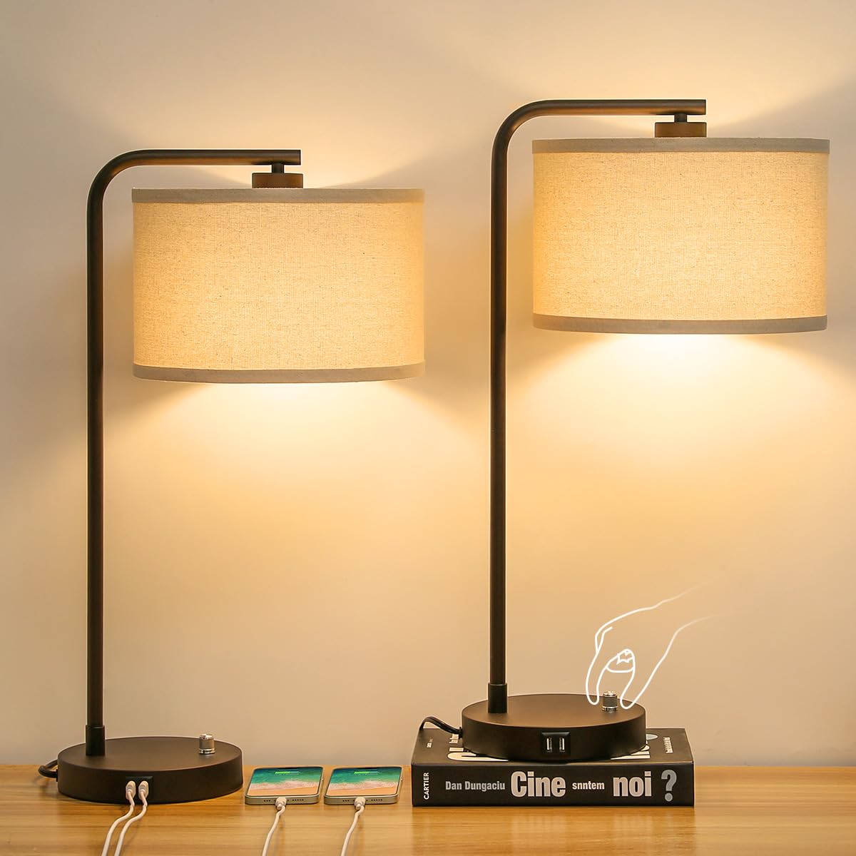 Table Lamps Set of 2, Fully Dimmable Bedside Lamp with Dual USB Charging Ports, Modern Nightstand Lamps with Linen Fabric Shades